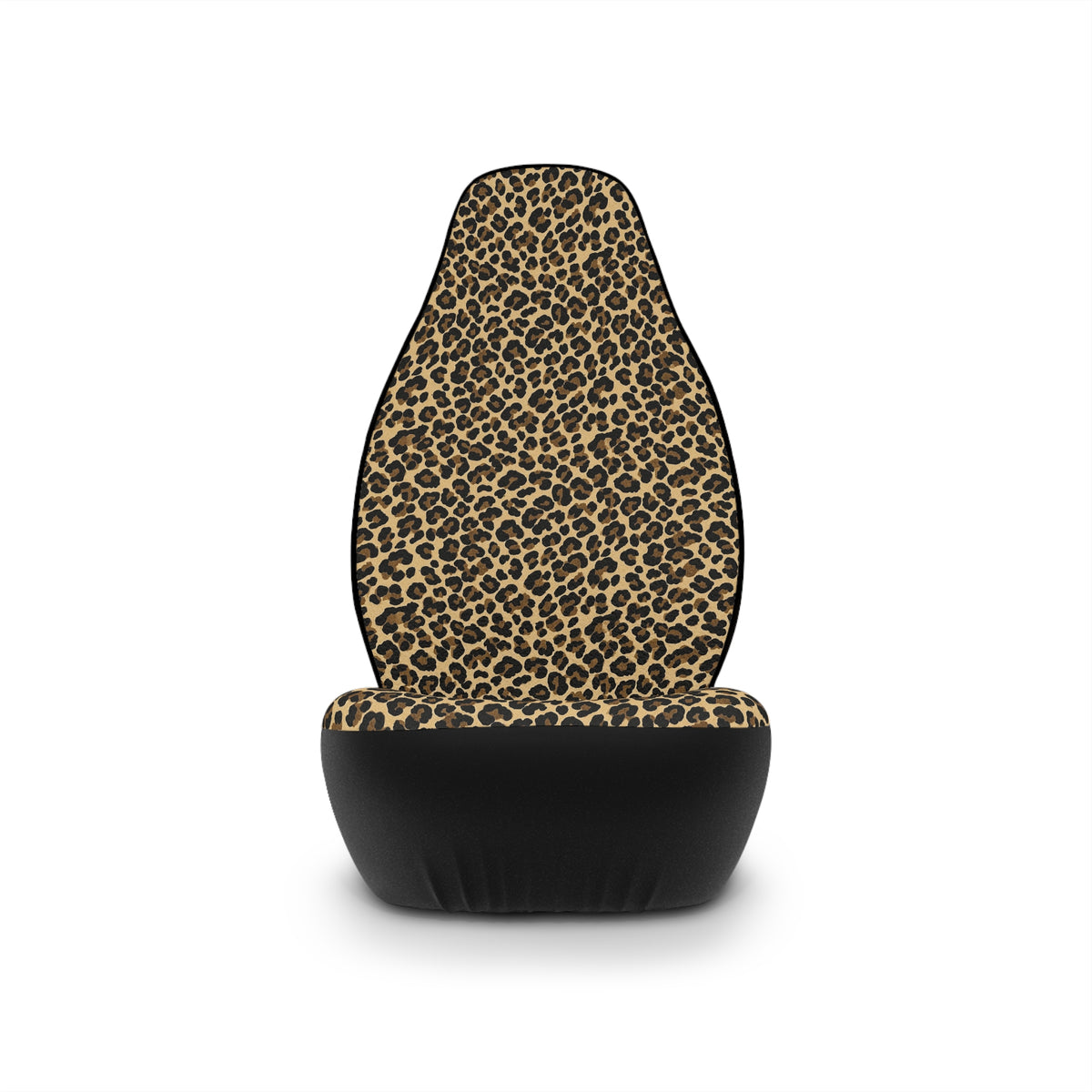 Black brown cheetah print car seat covers, single cover on a seat, front view