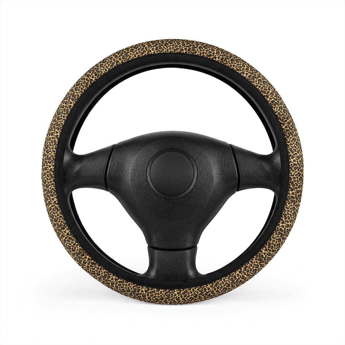 Black brown cheetah print steering wheel cover, front view