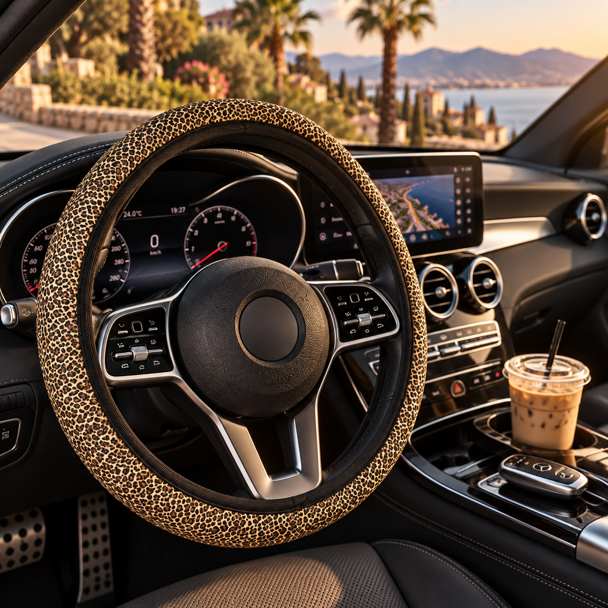 Black brown cheetah print steering wheel cover shown in a car interior