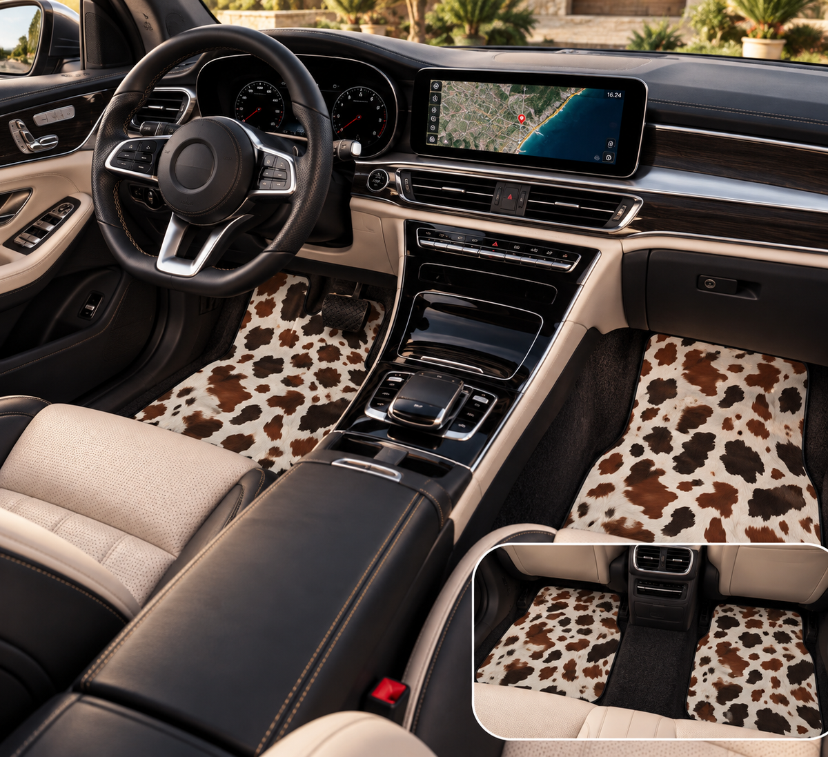 Black brown cow print car mats shown in a car interior