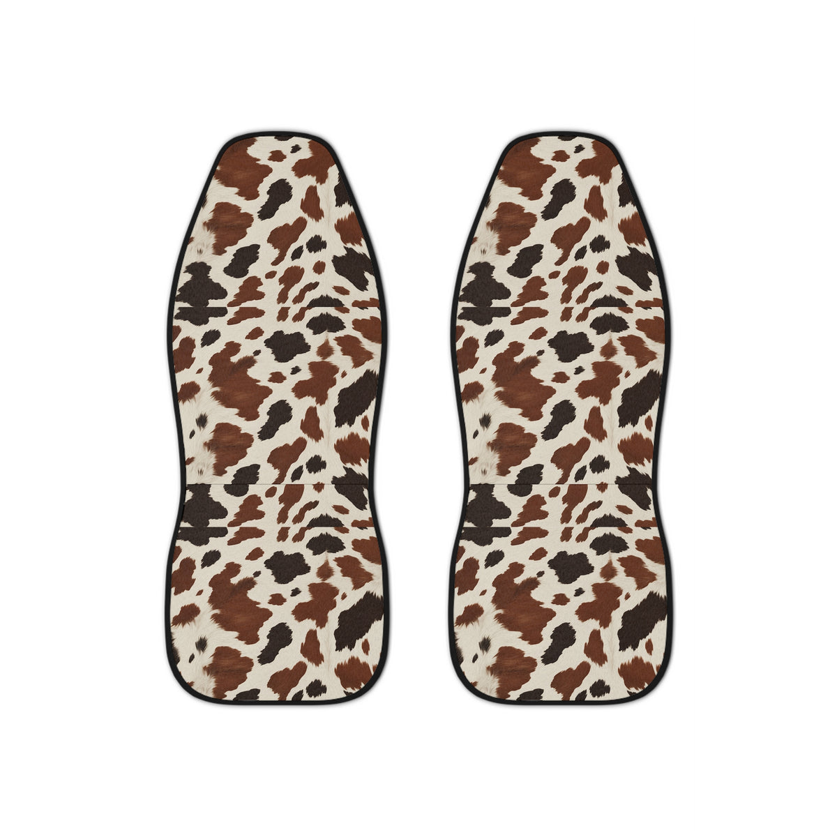 Black brown cow print car seat covers, set of two shown side by side