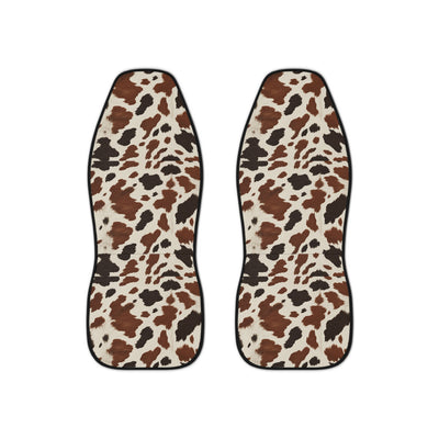 Black brown cow print car seat covers, set of two shown side by side
