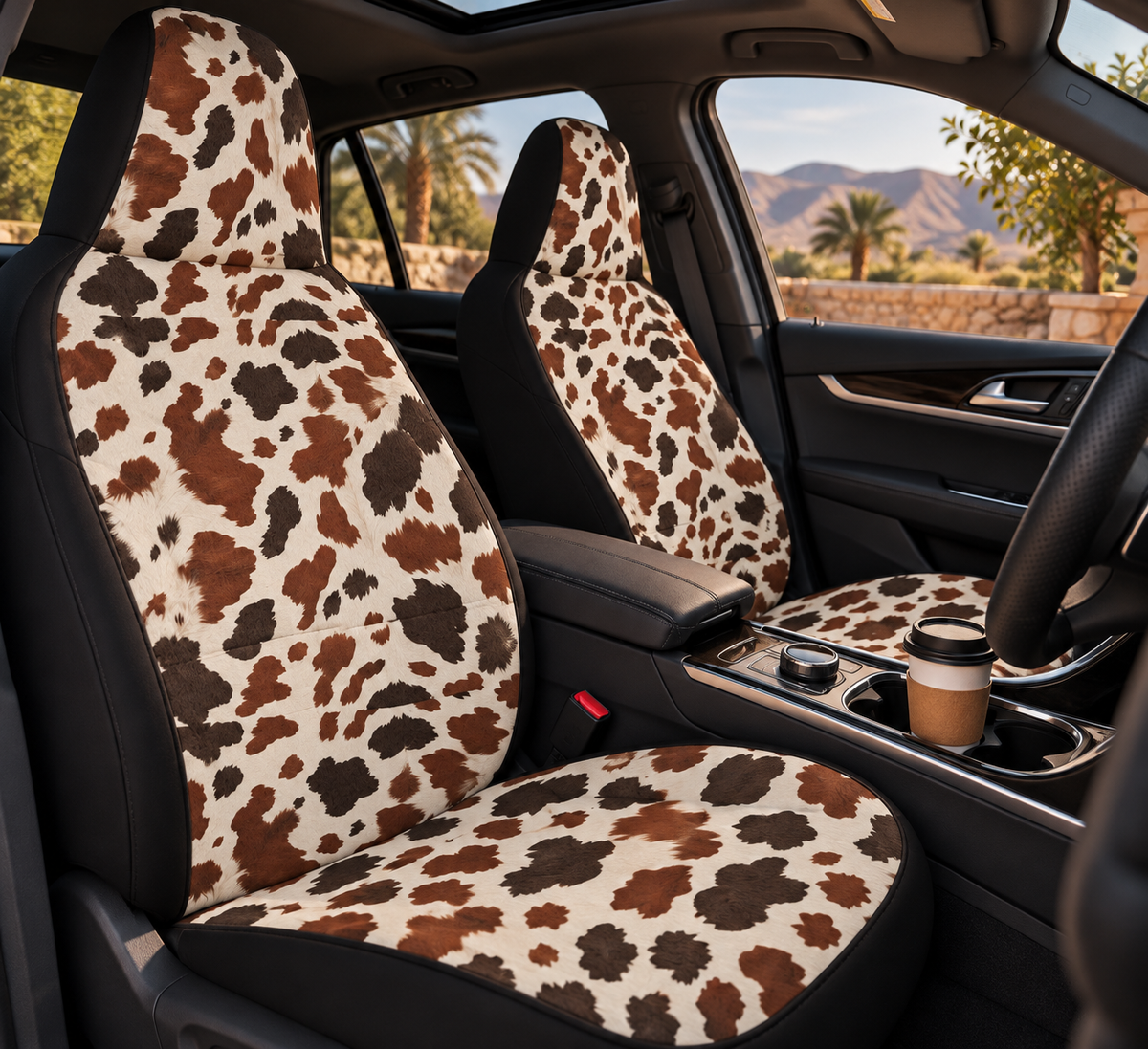 Black brown cow print car seat covers shown in a car interior