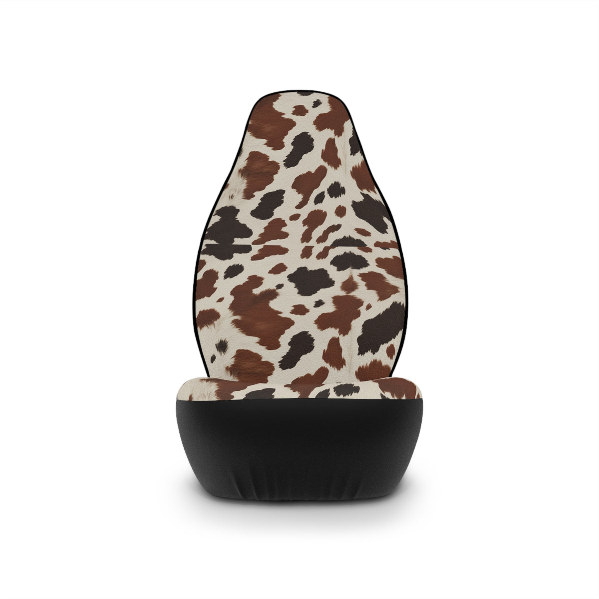Black brown cow print car seat covers, single cover on a seat, front view