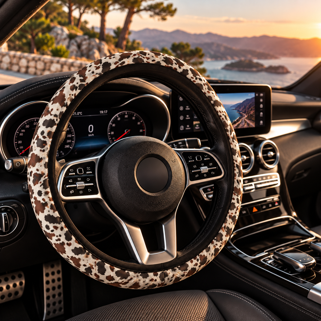 Black brown cow print steering wheel cover shown in a car interior