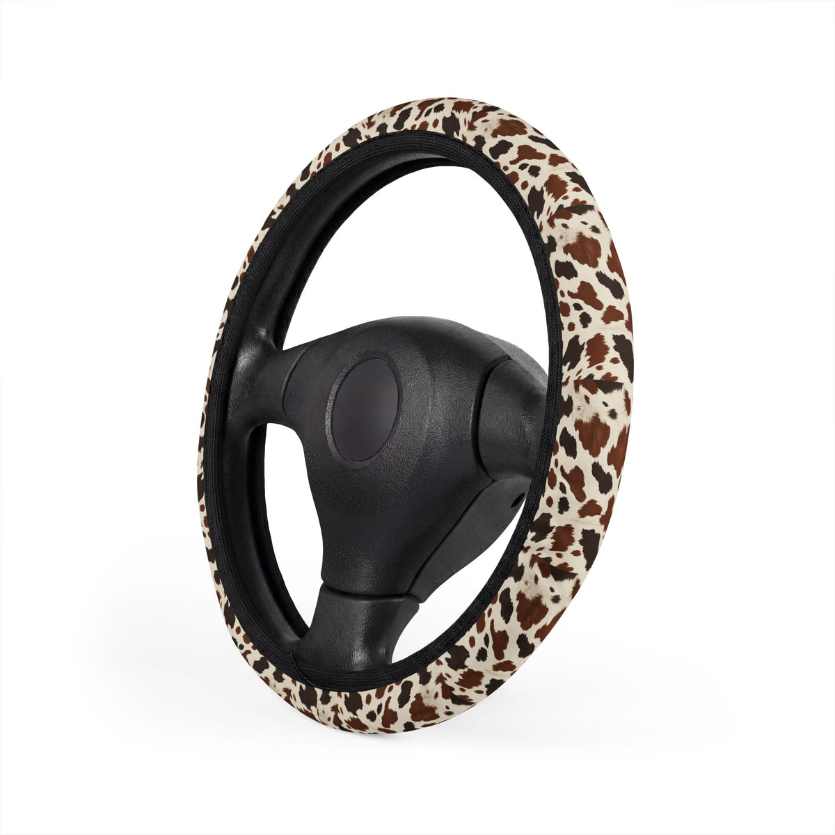 Black brown cow print steering wheel cover, product view 4