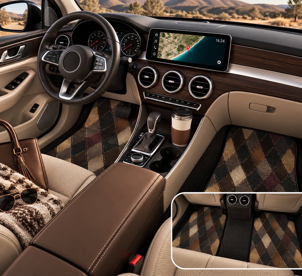 Black brown diamond plaid car mats shown in a car interior