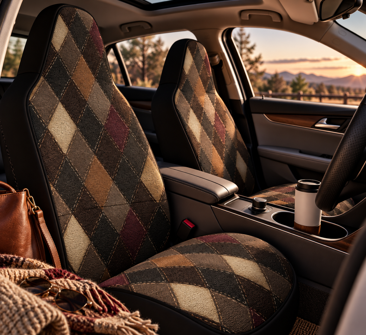 Black brown diamond plaid car seat covers shown in a car interior