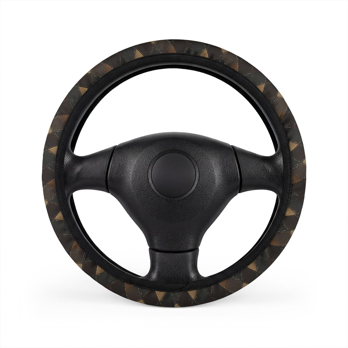 Black brown diamond plaid steering wheel cover, on a steering wheel