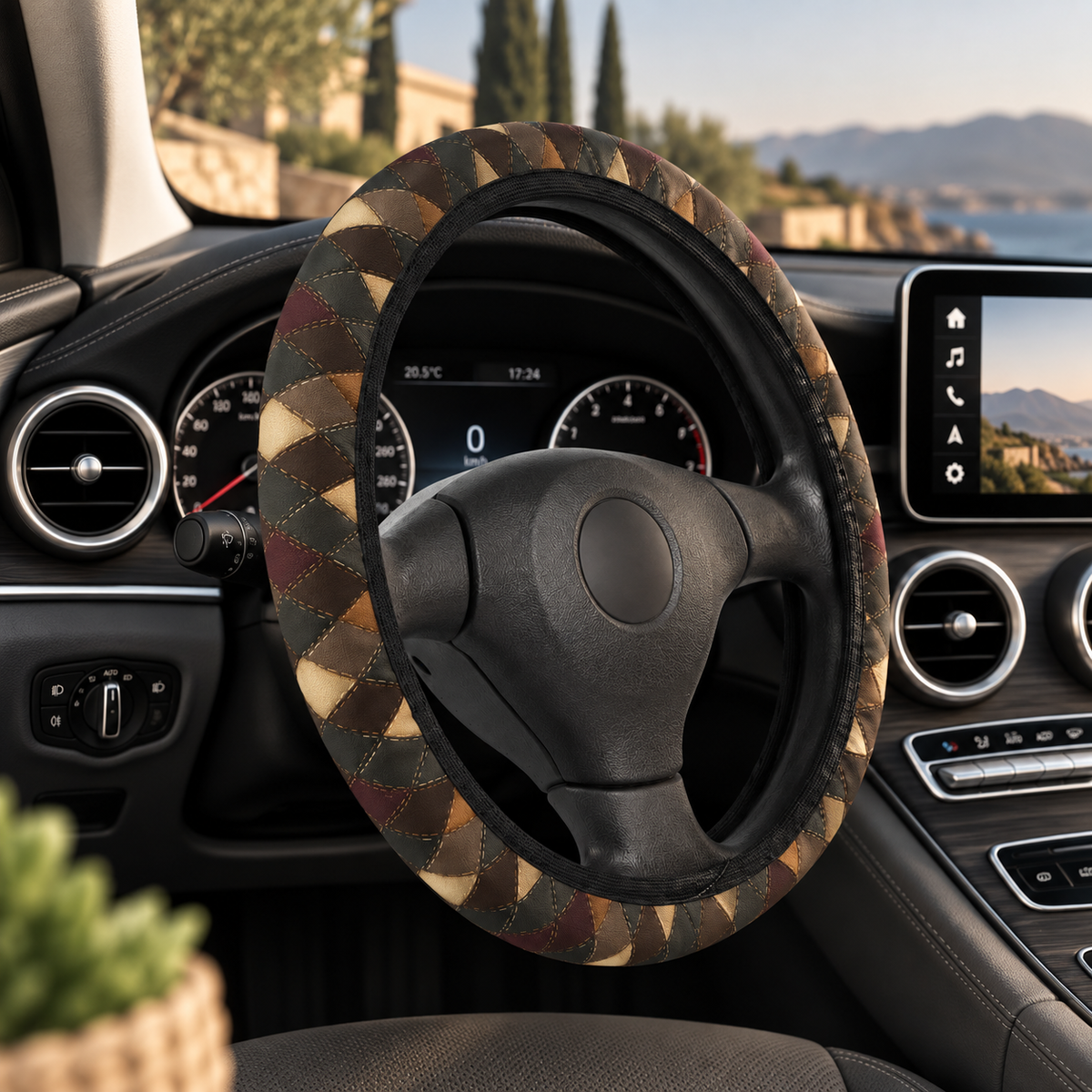 Black brown diamond plaid steering wheel cover shown in a car interior