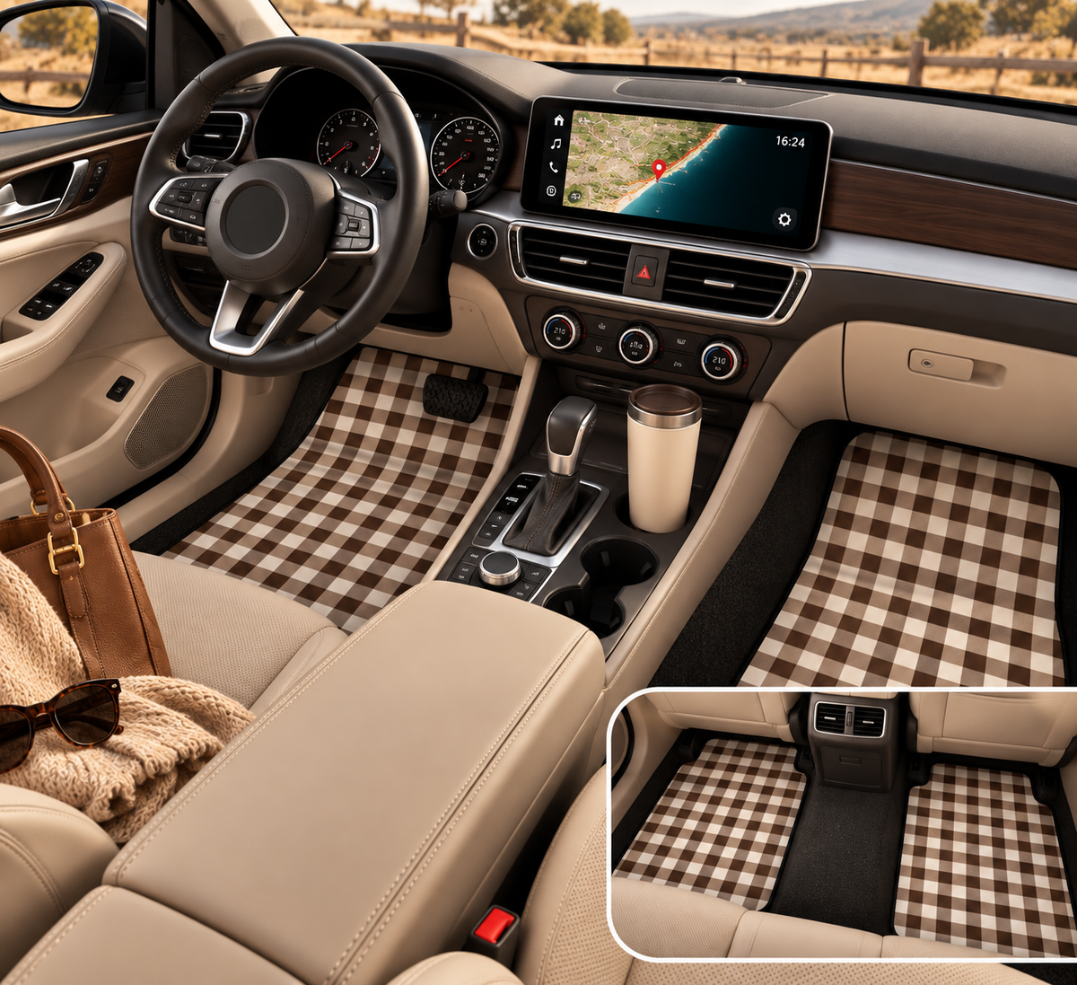 Black brown houndstooth car mats shown in a car interior