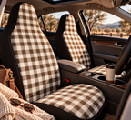 Black brown houndstooth car seat covers shown in a car interior