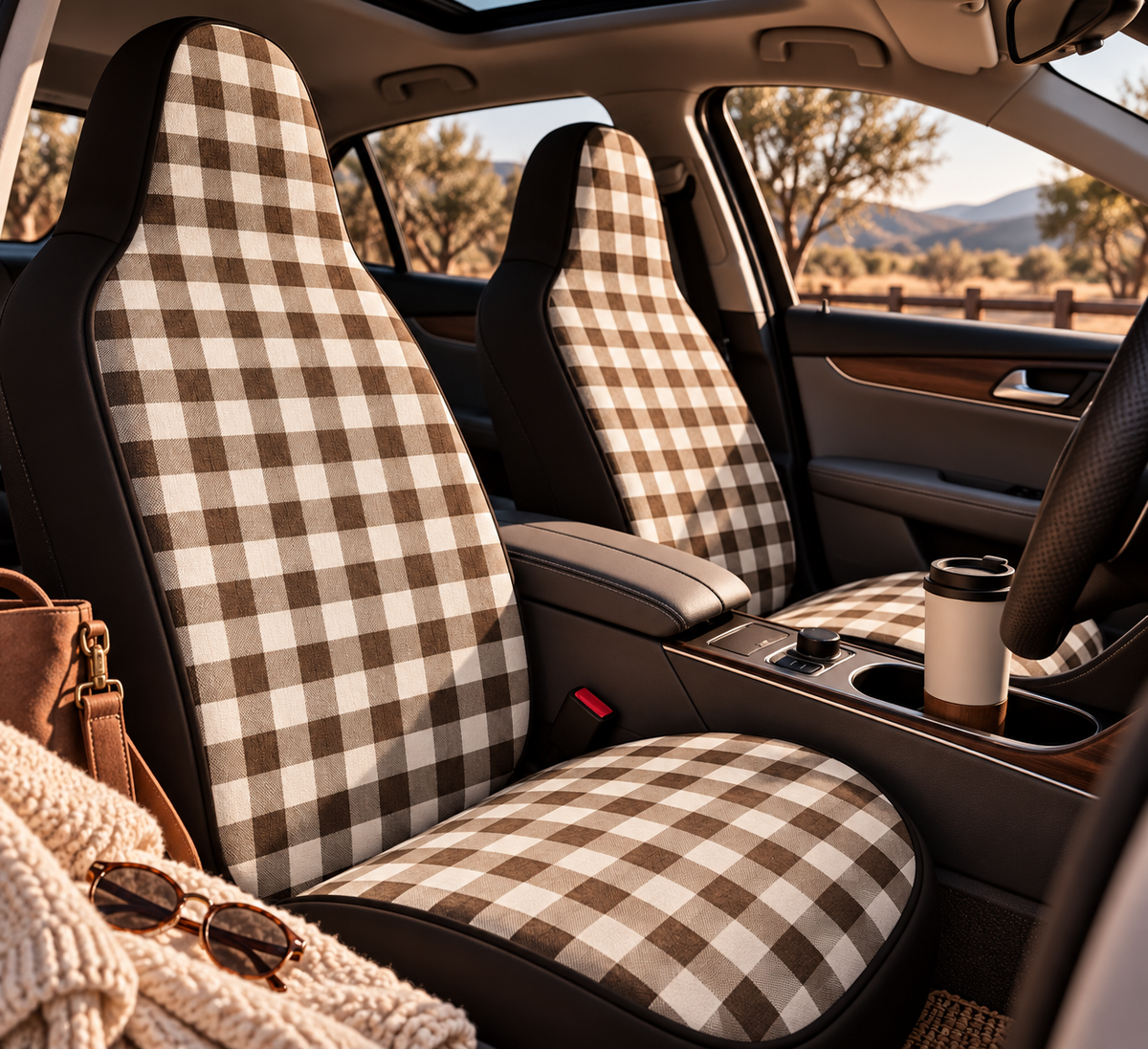 Black brown houndstooth car seat covers shown in a car interior