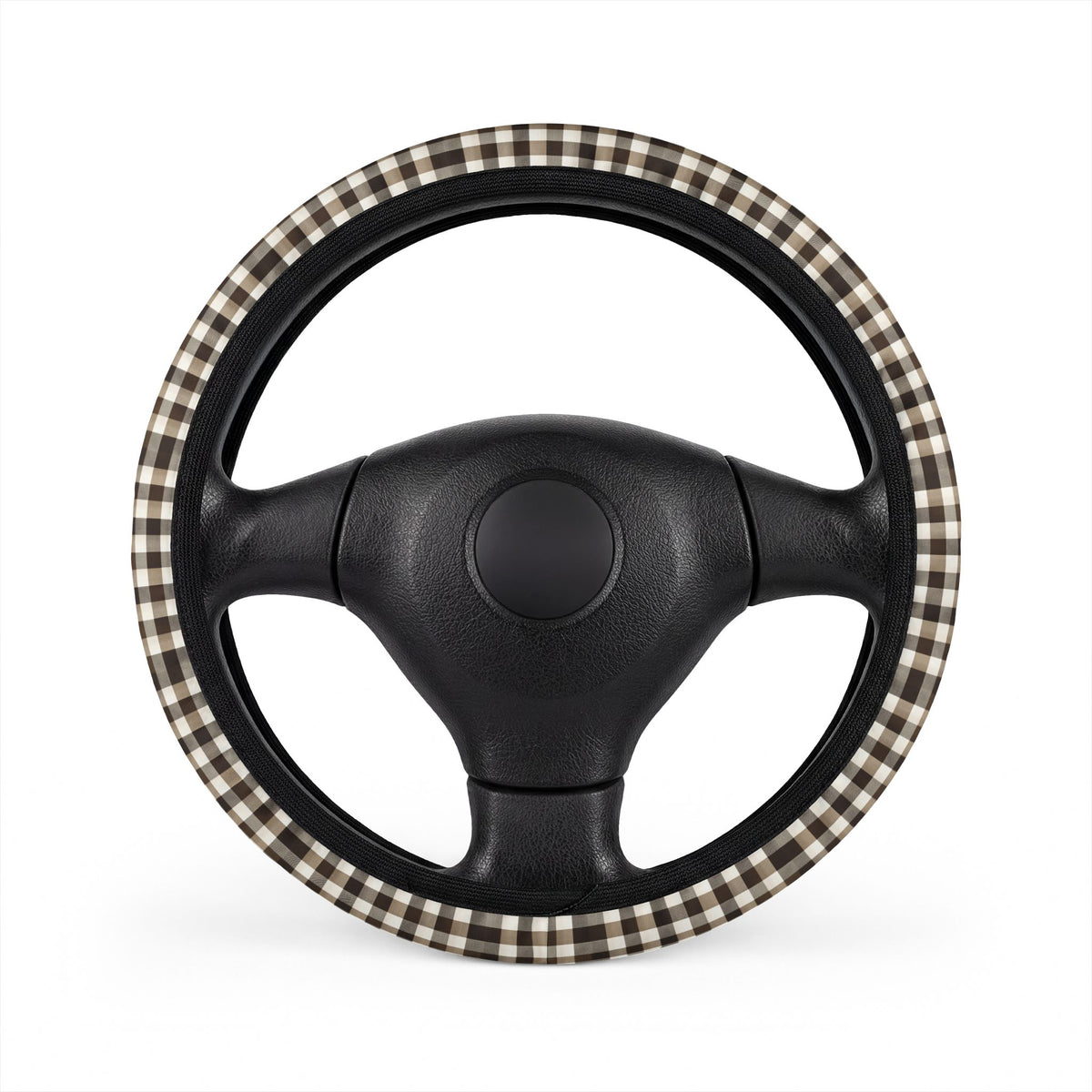 Black brown houndstooth steering wheel cover, on a steering wheel