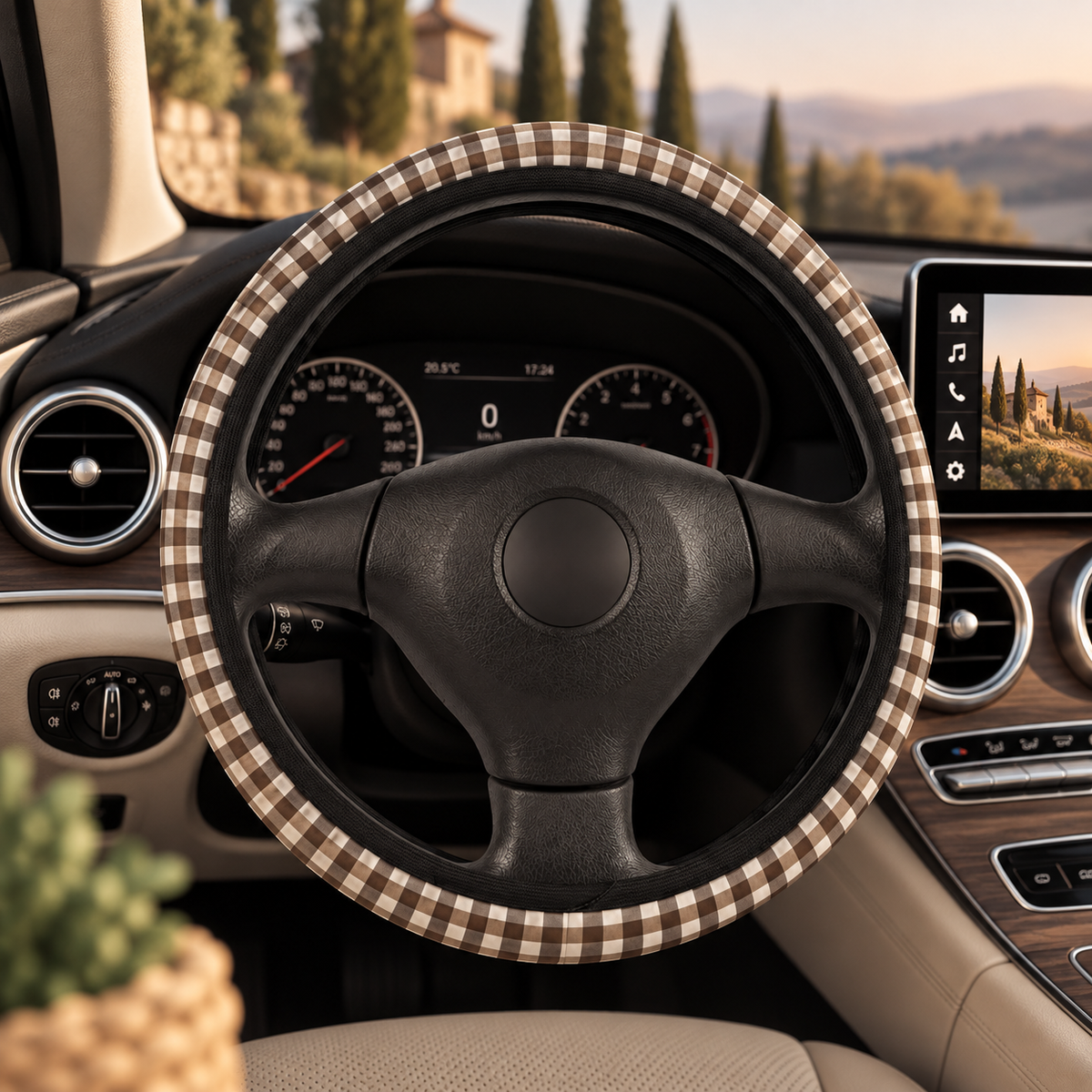 Black brown houndstooth steering wheel cover shown in a car interior
