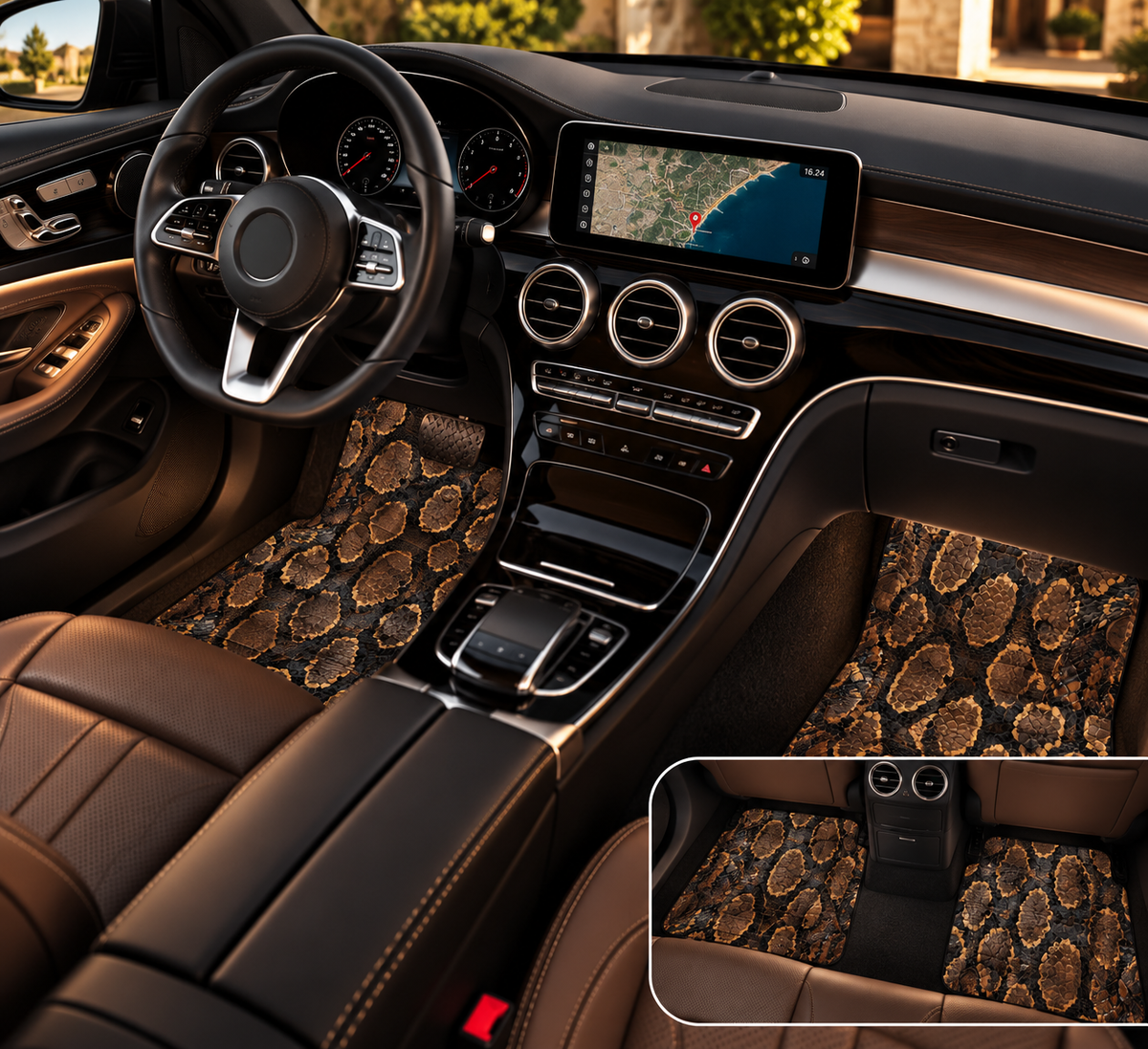 Black brown snake print car mats shown in a car interior
