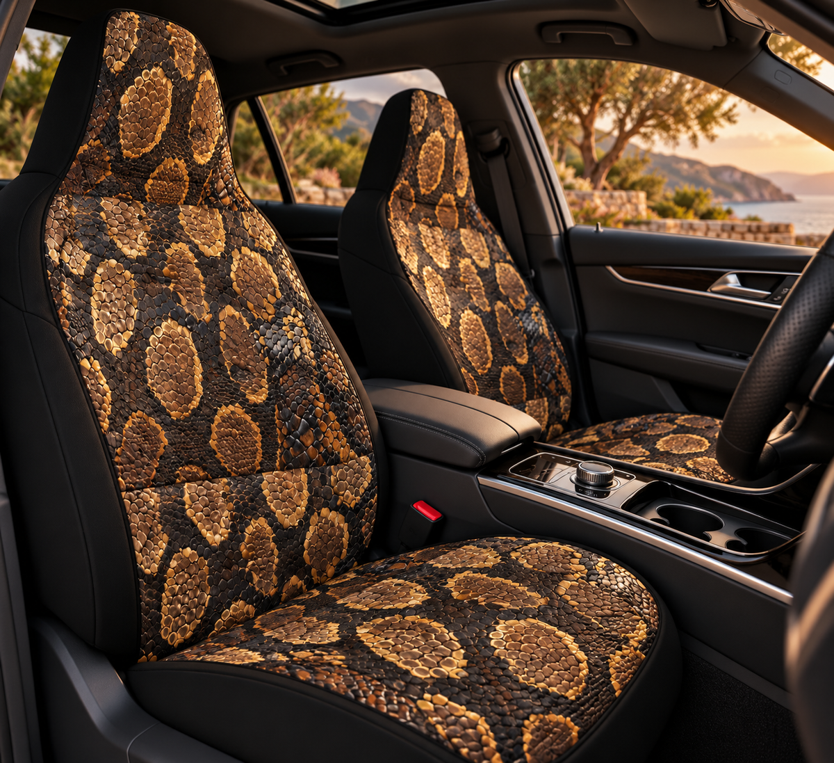 Black brown snake print car seat covers shown in a car interior