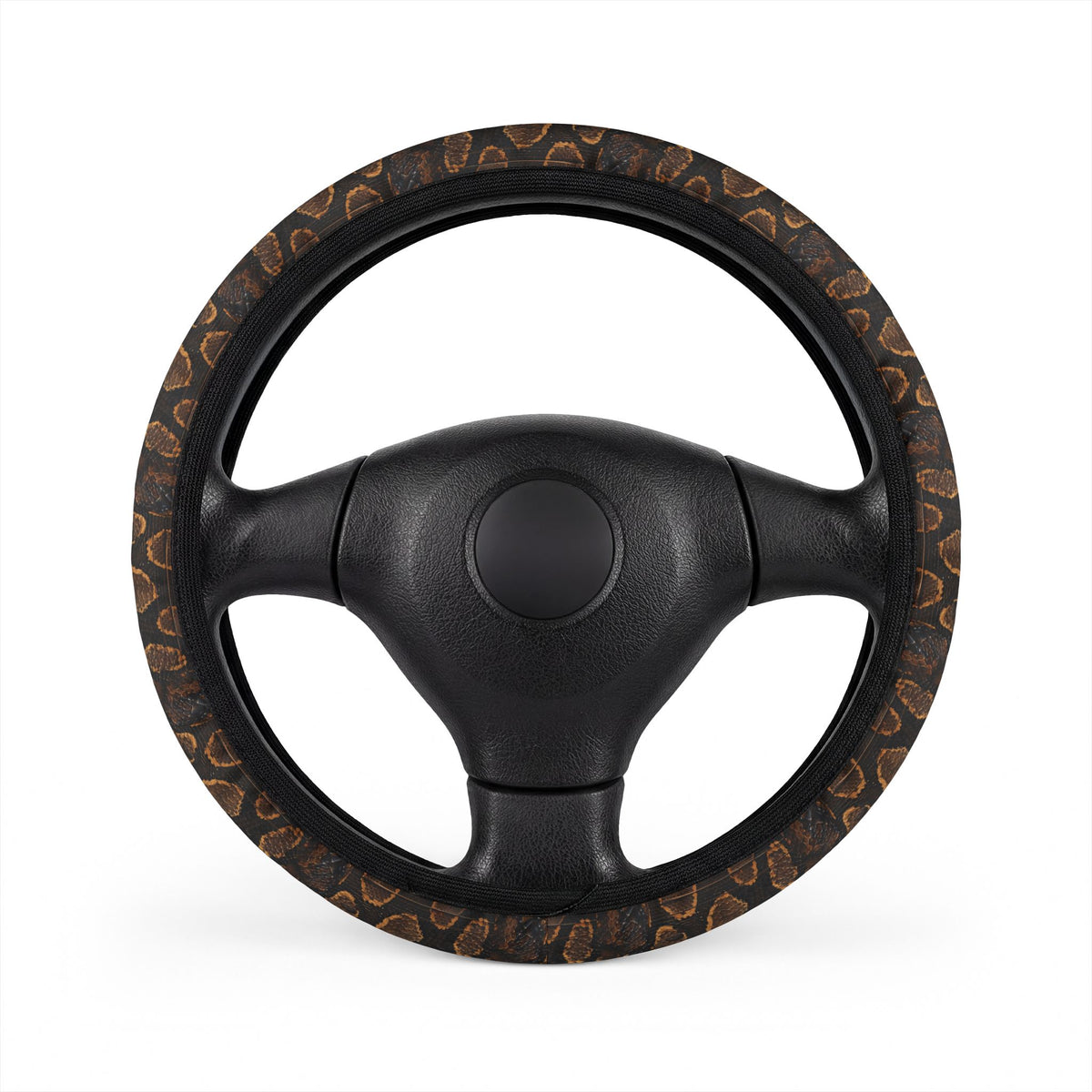 Black brown snake print steering wheel cover, on a steering wheel