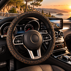 Black brown snake print steering wheel cover shown in a car interior