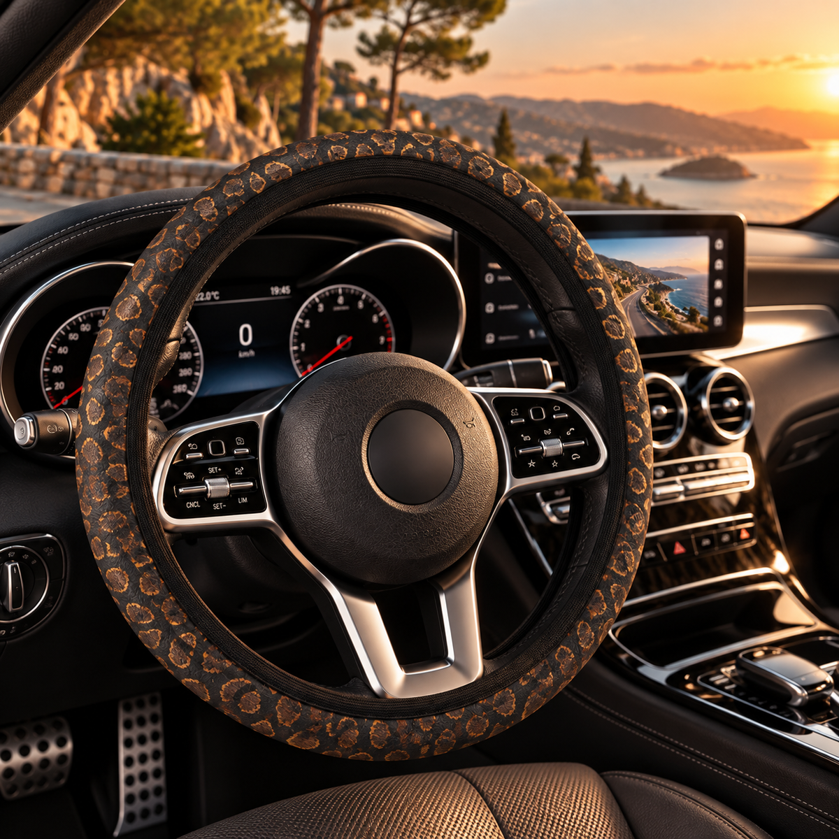 Black brown snake print steering wheel cover shown in a car interior