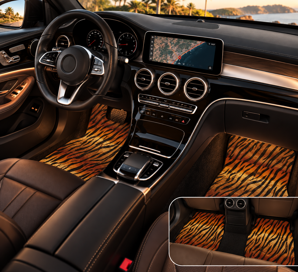Black brown tiger print car mats shown in a car interior