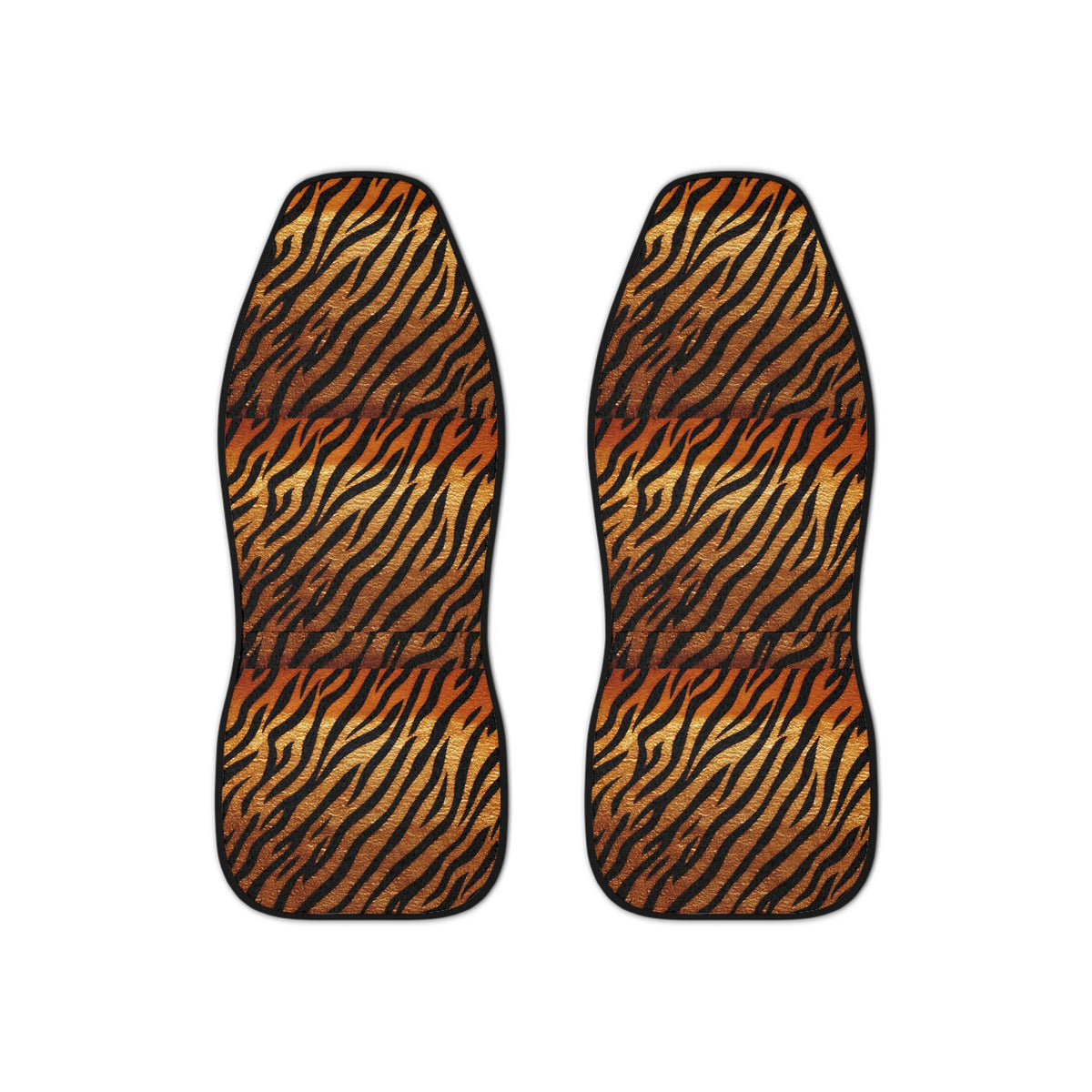 Black brown tiger print car seat covers, set of two shown side by side
