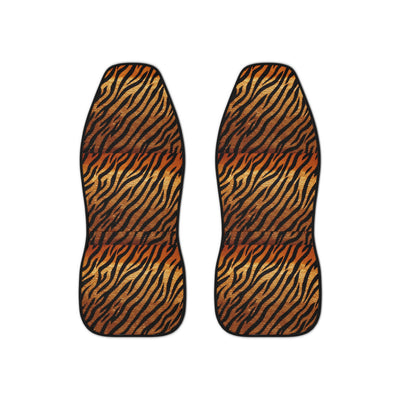 Black brown tiger print car seat covers, set of two shown side by side