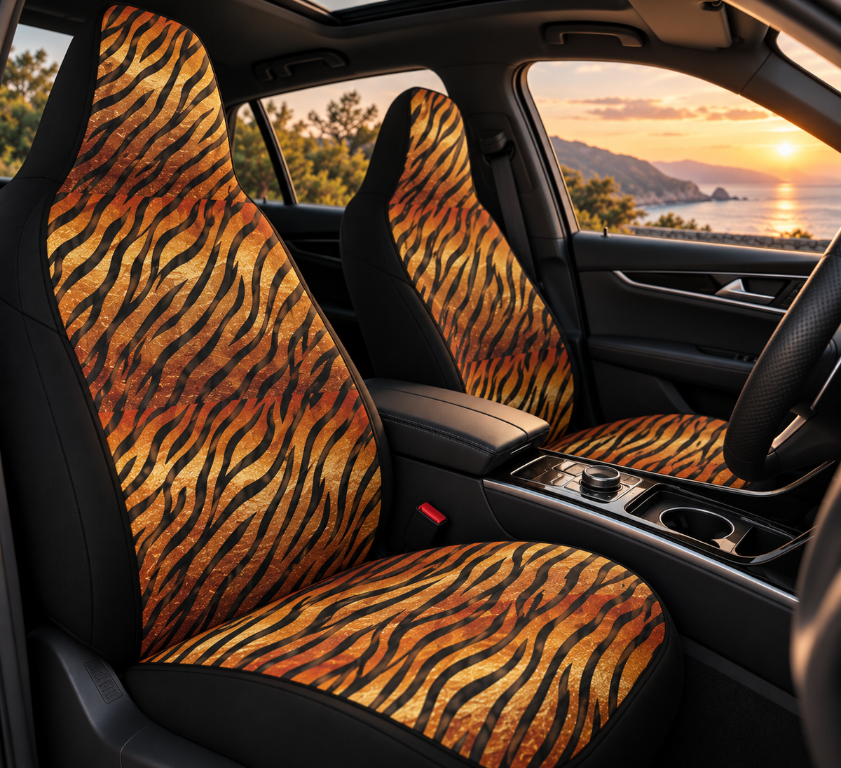 Black brown tiger print car seat covers shown in a car interior