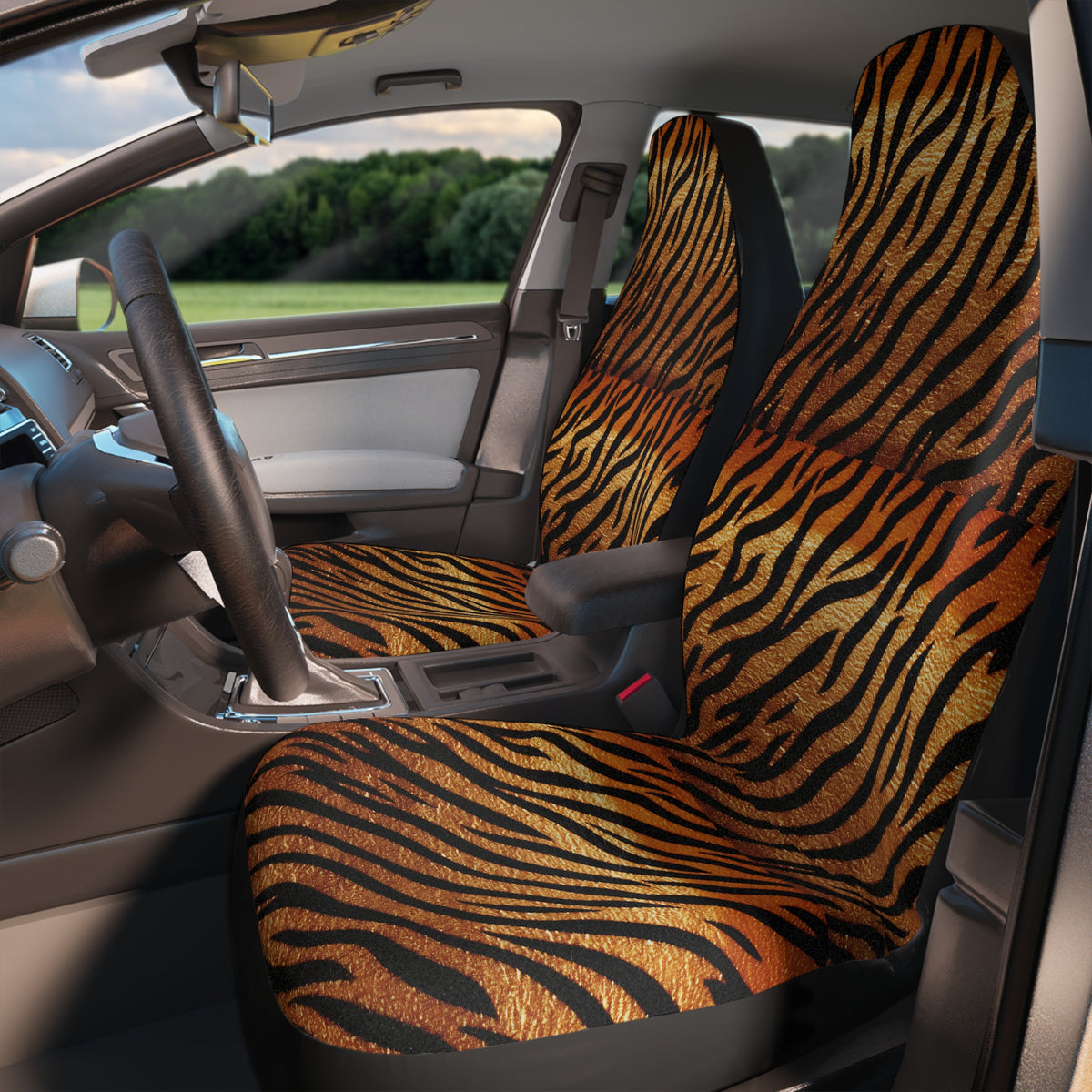 Black brown tiger print car seat covers, fitted on the front seats of a car