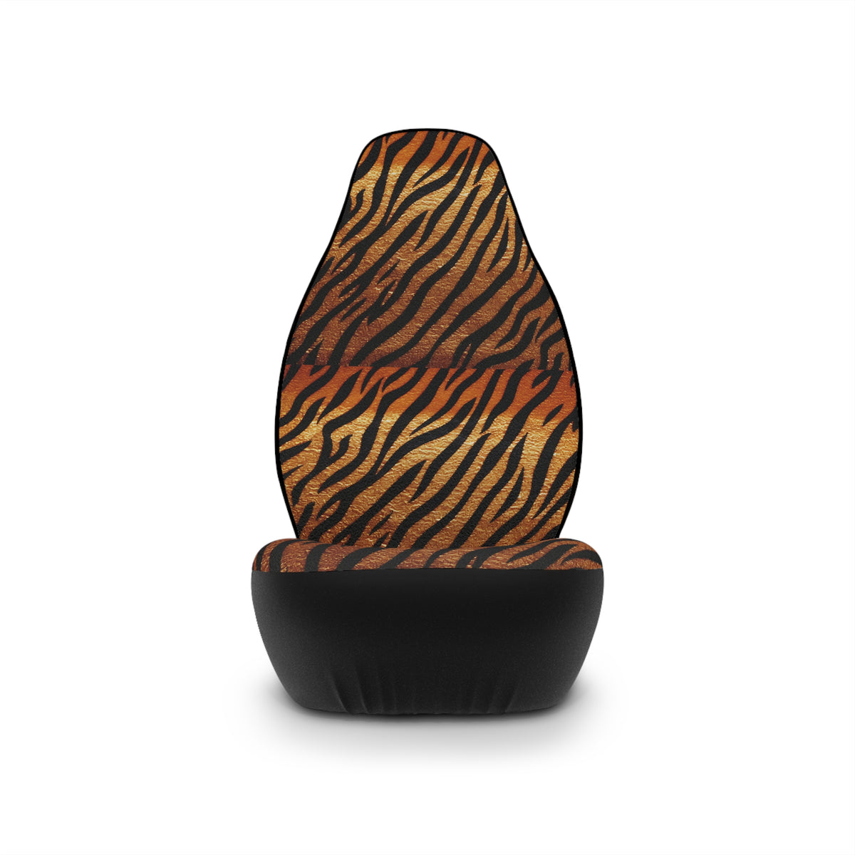 Black brown tiger print car seat covers, single cover on a seat, front view