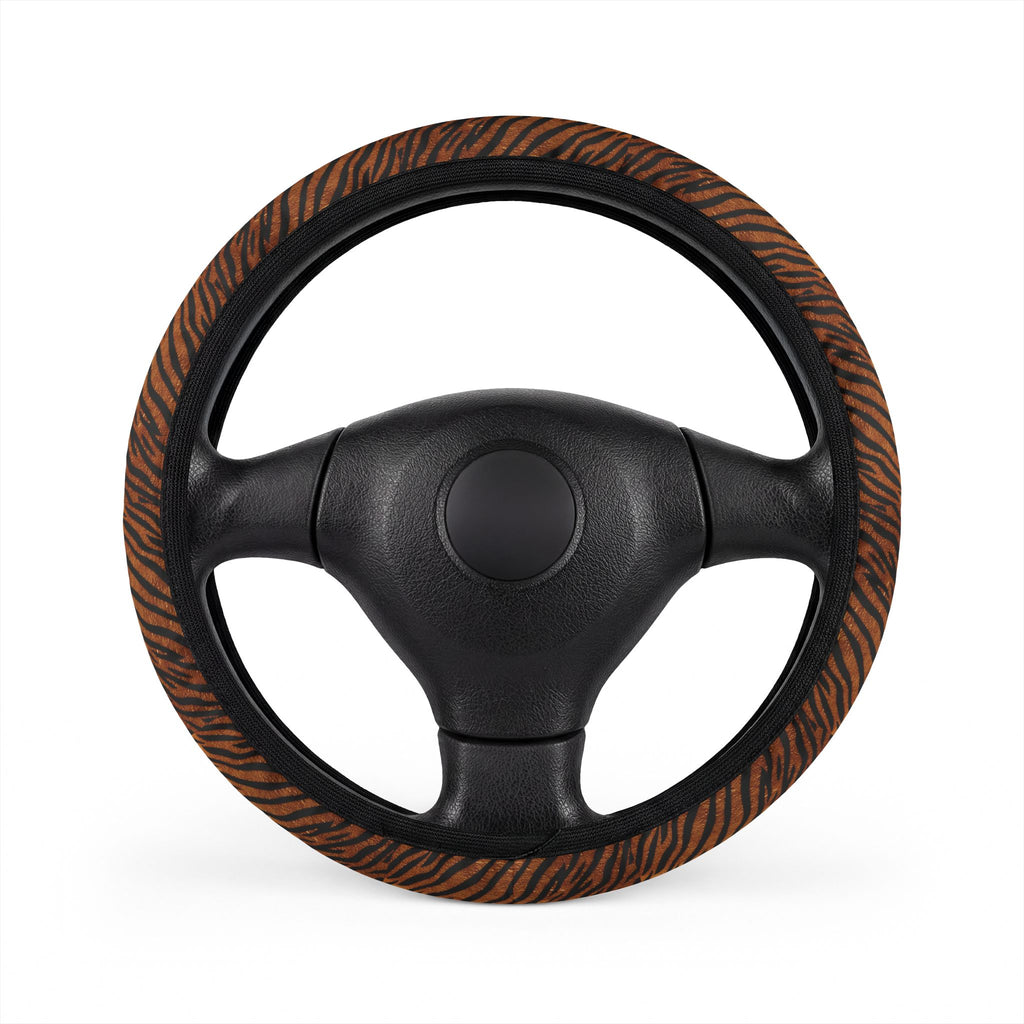 Black brown tiger print steering wheel cover, front view