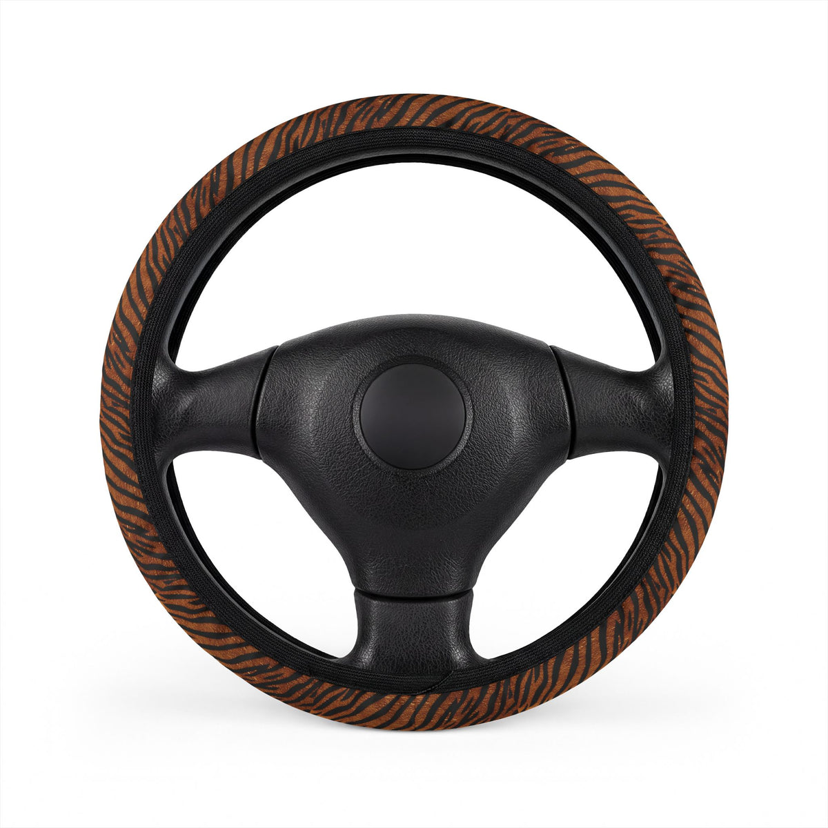 Black brown tiger print steering wheel cover, front view