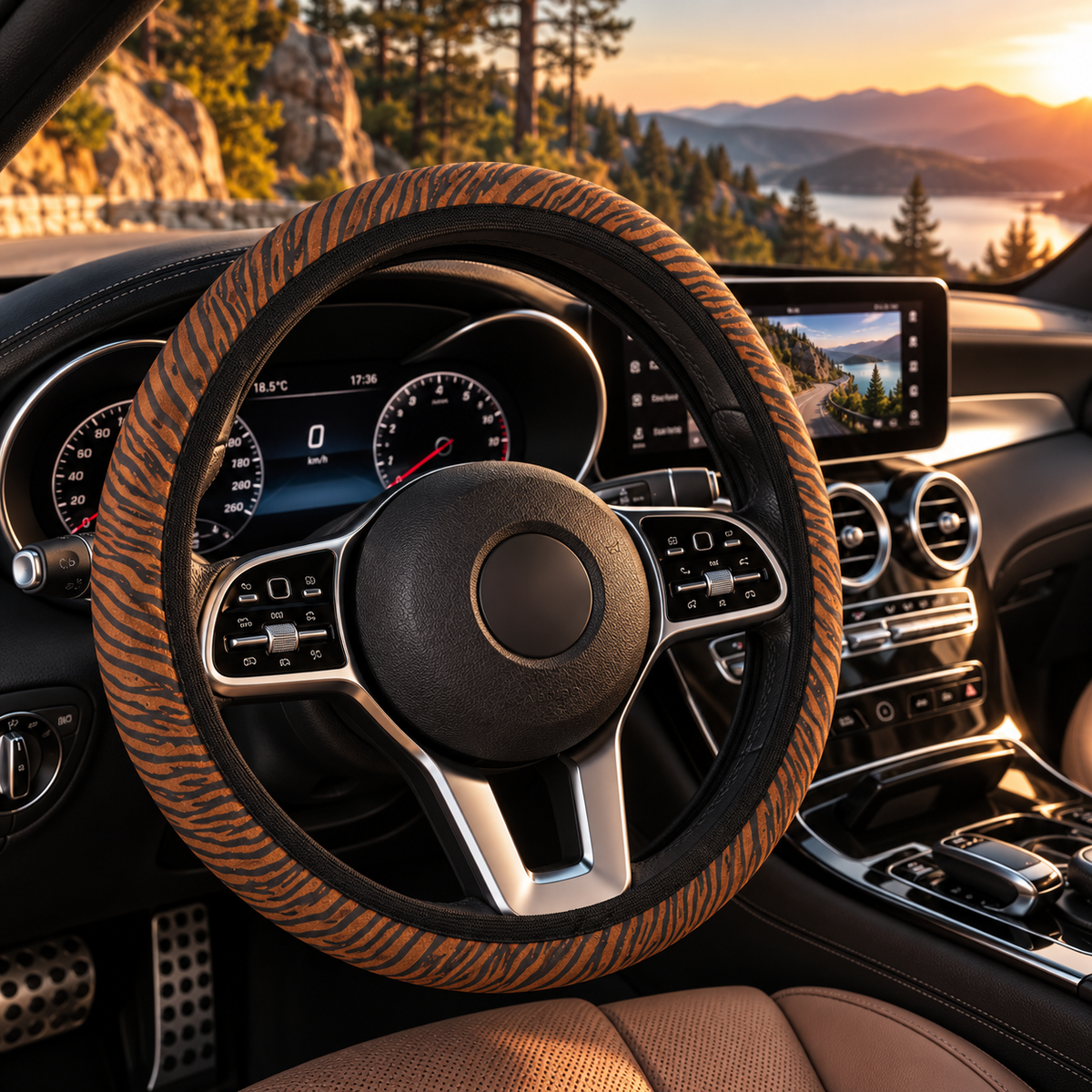 Black brown tiger print steering wheel cover shown in a car interior