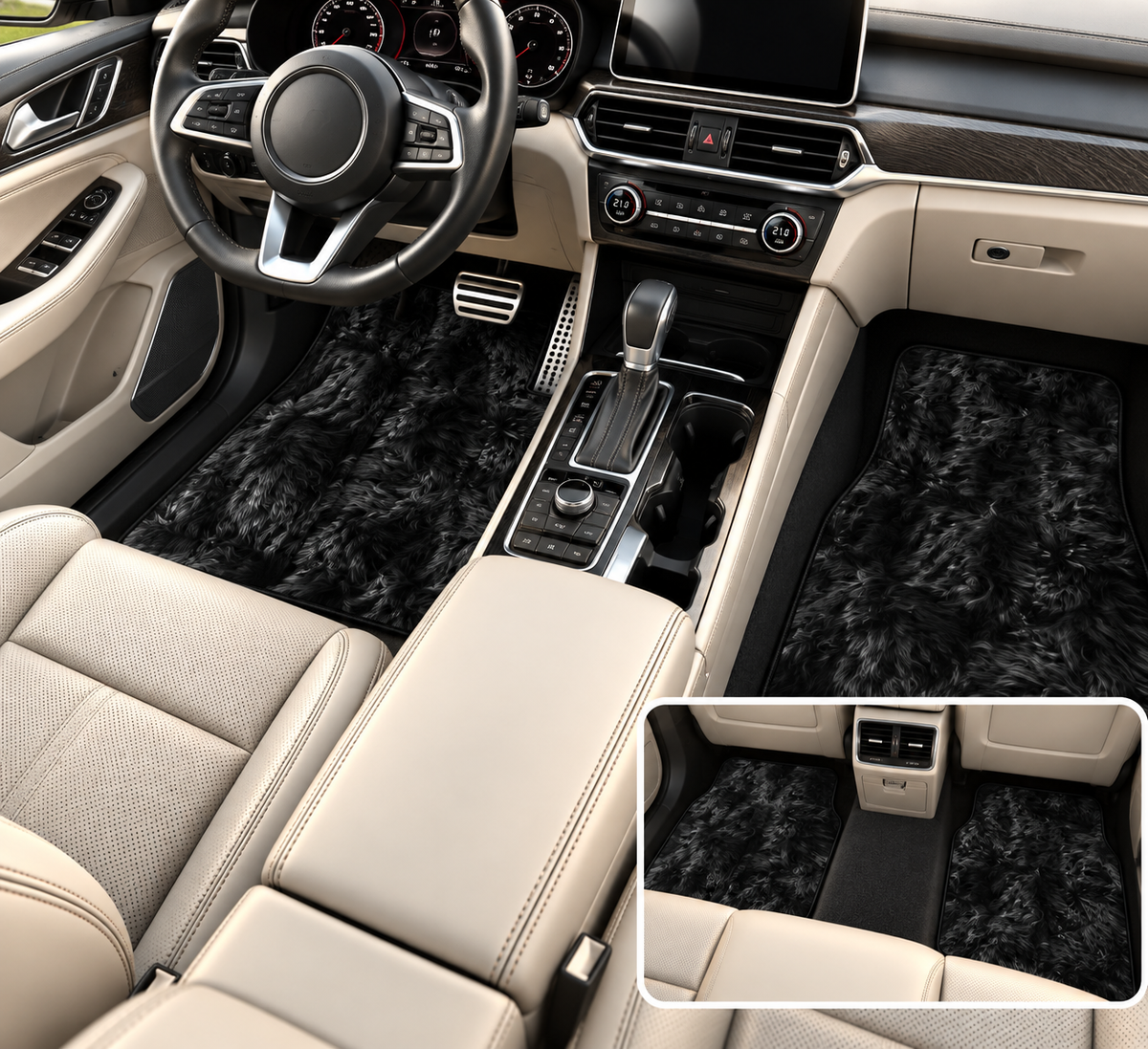 Black fur look car mats shown in a car interior