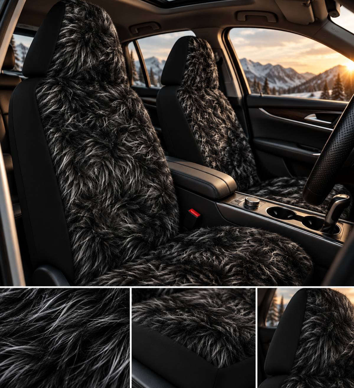 Black fur look car seat covers shown in a car interior
