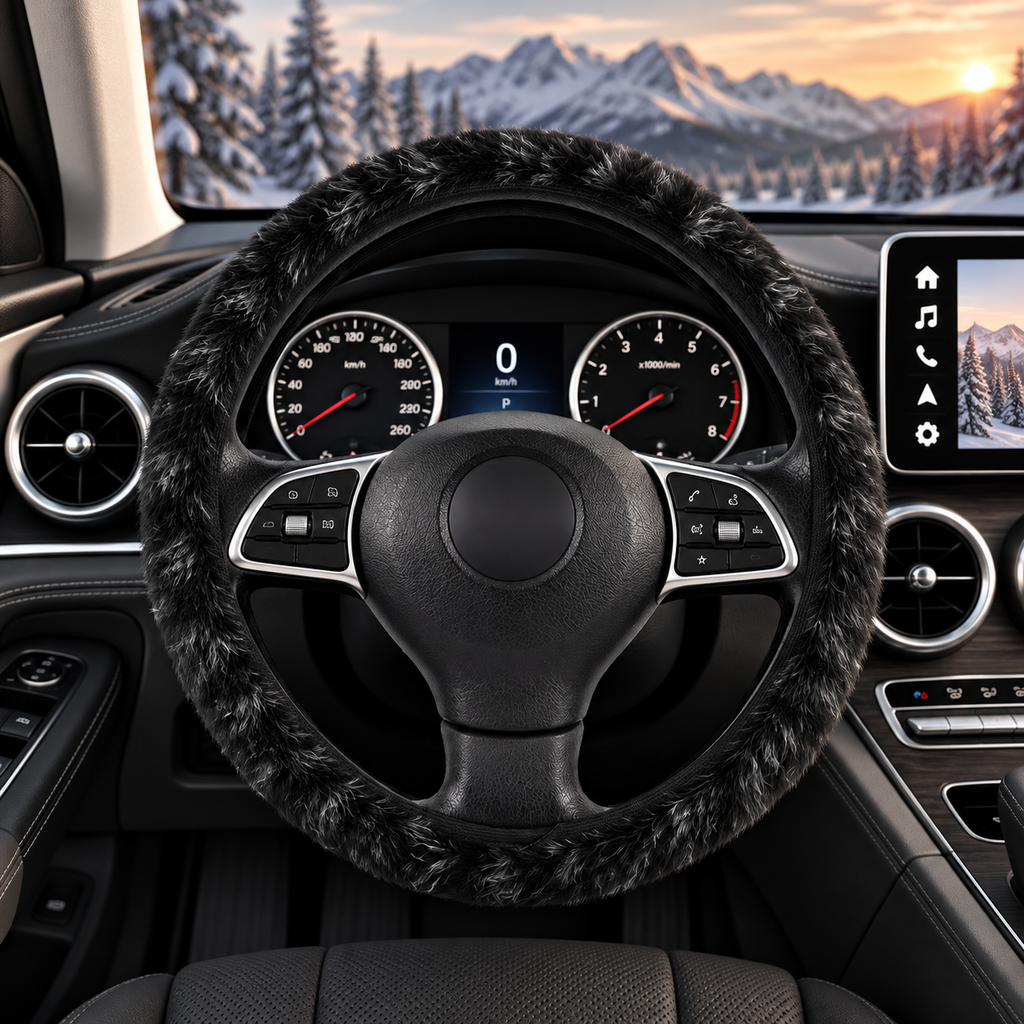 Black fur look steering wheel cover shown in a car interior