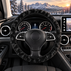 Black fur look steering wheel cover shown in a car interior