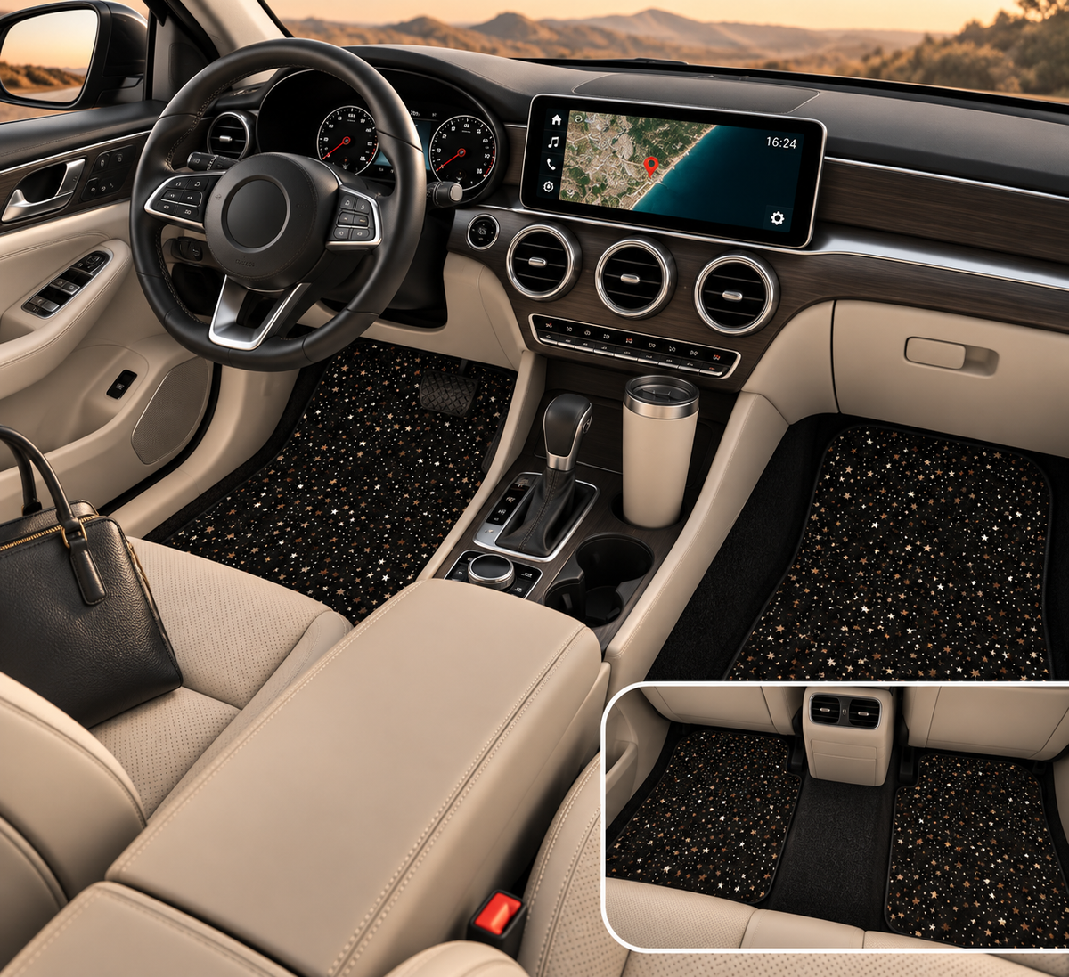 Black gold galaxy car mats shown in a car interior
