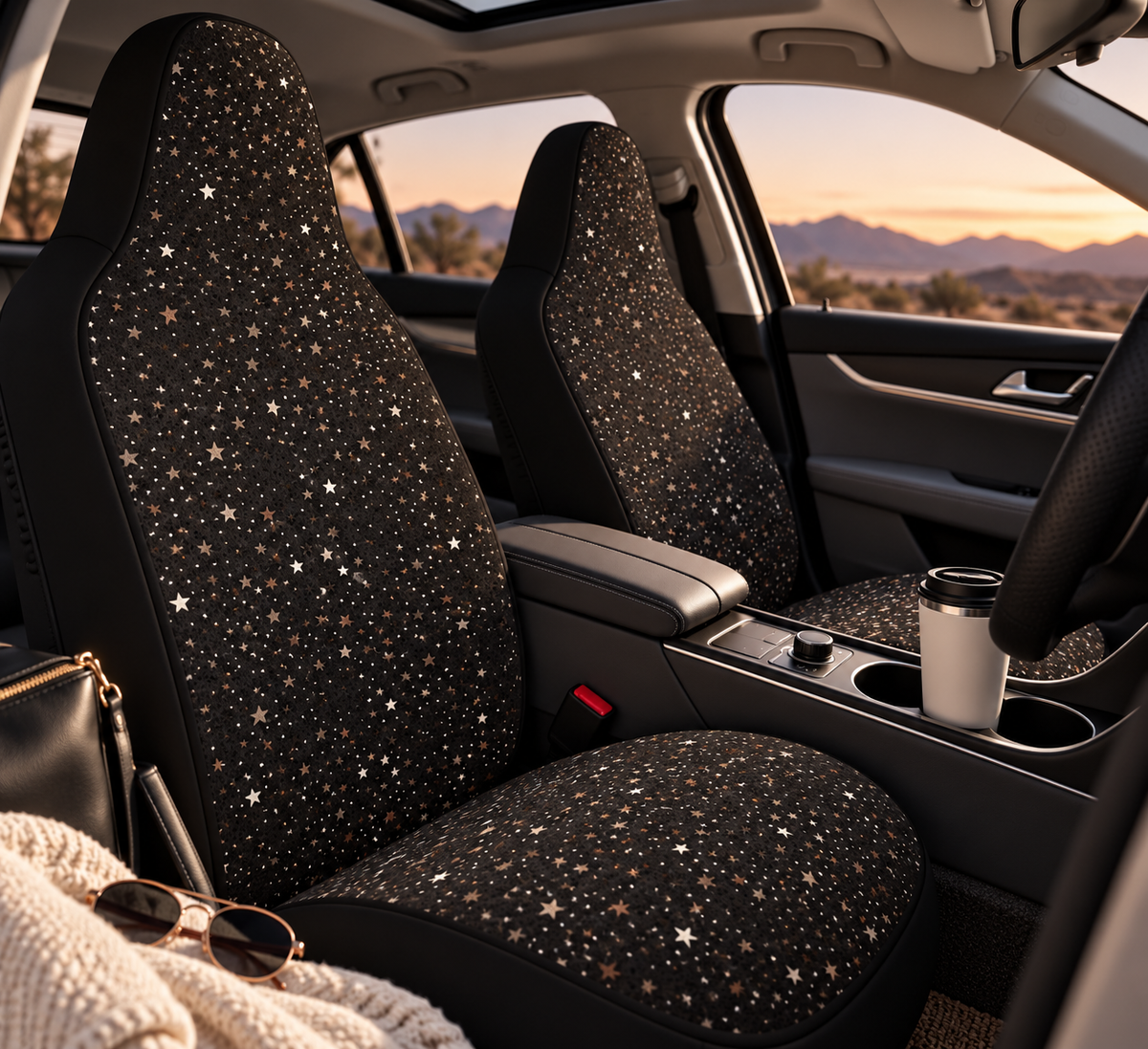 Black gold galaxy car seat covers shown in a car interior