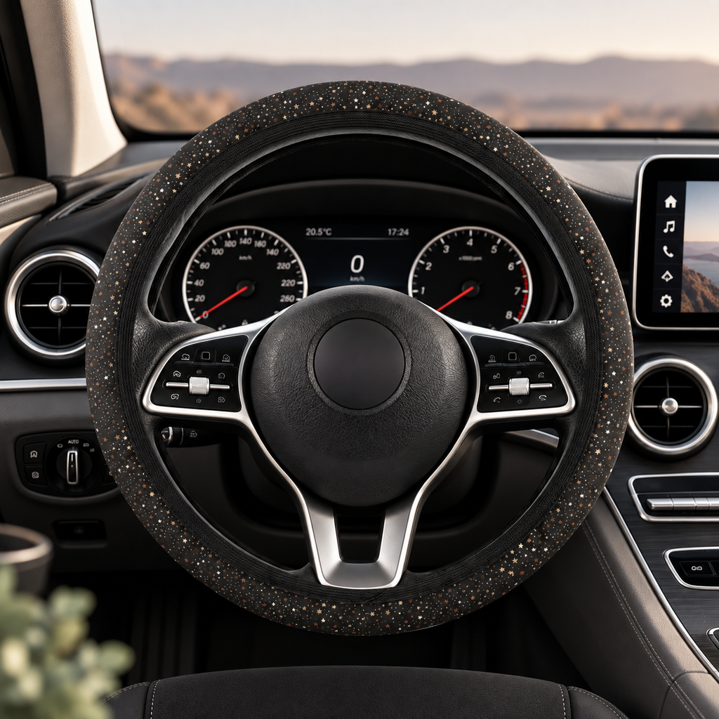 Black gold galaxy steering wheel cover shown in a car interior