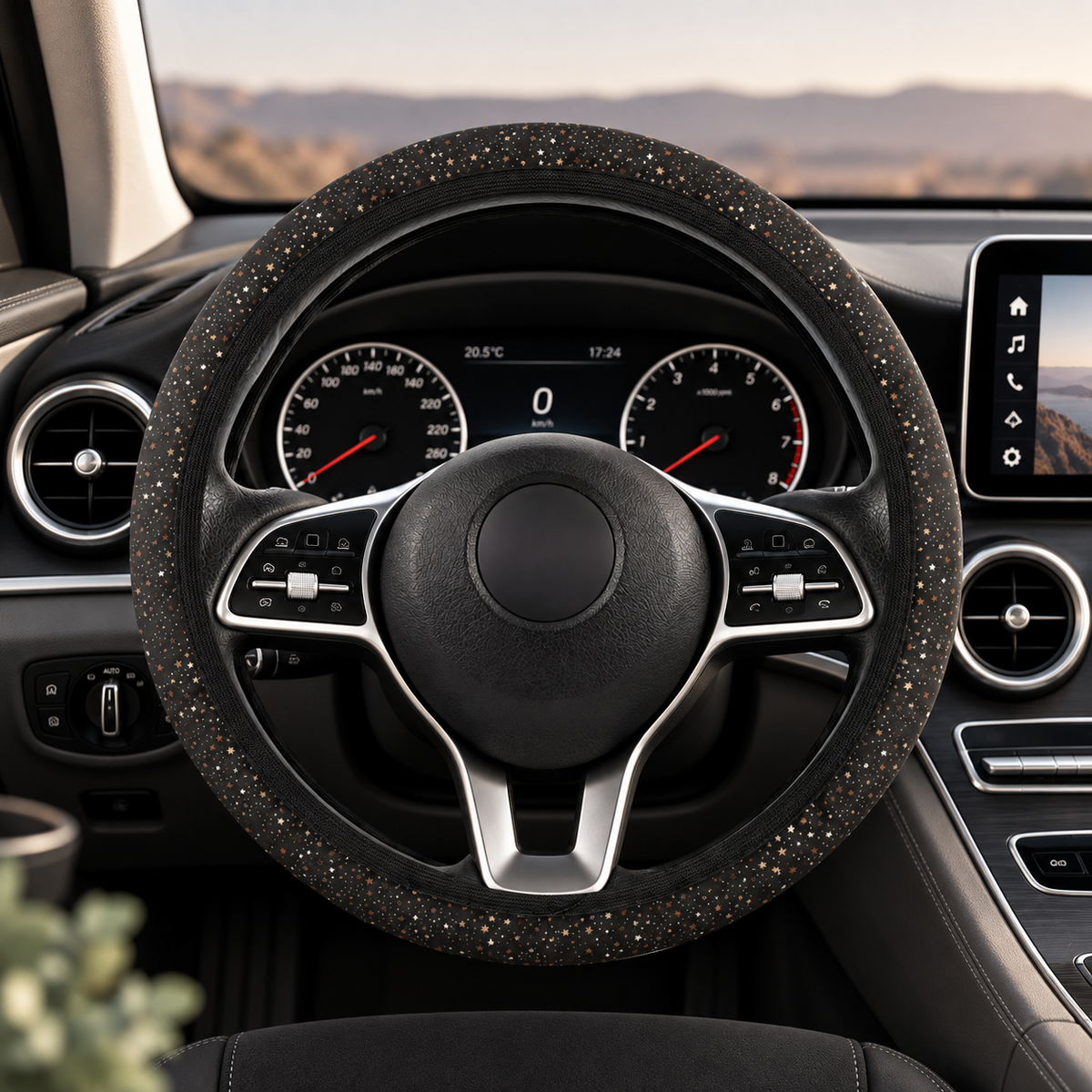 Black gold galaxy steering wheel cover shown in a car interior