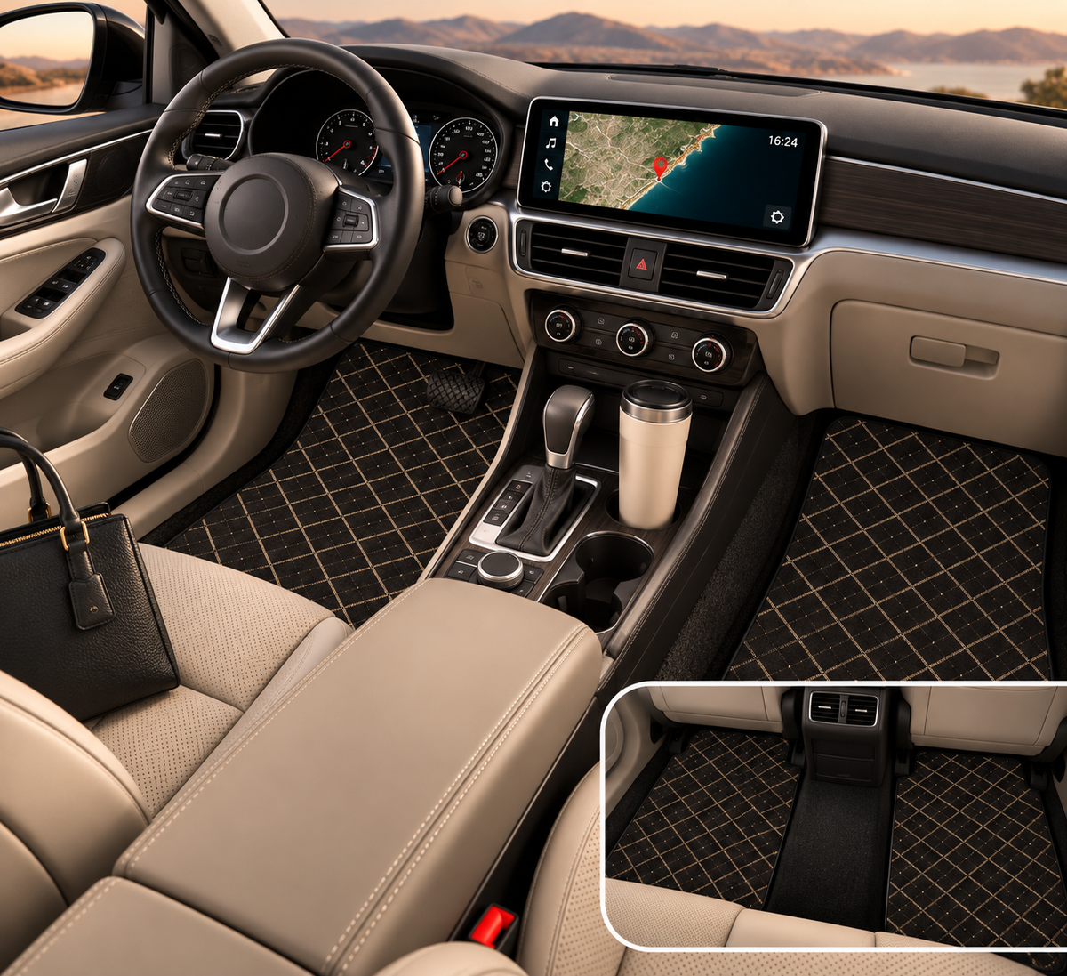 Black gold plaid car mats shown in a car interior