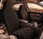 Black gold plaid car seat covers shown in a car interior
