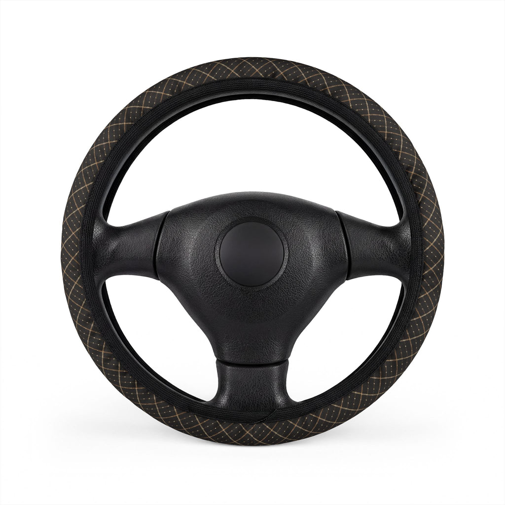 Black gold plaid steering wheel cover, on a steering wheel