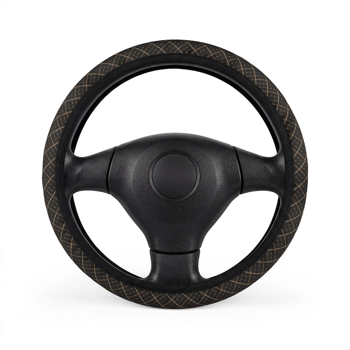 Black gold plaid steering wheel cover, on a steering wheel