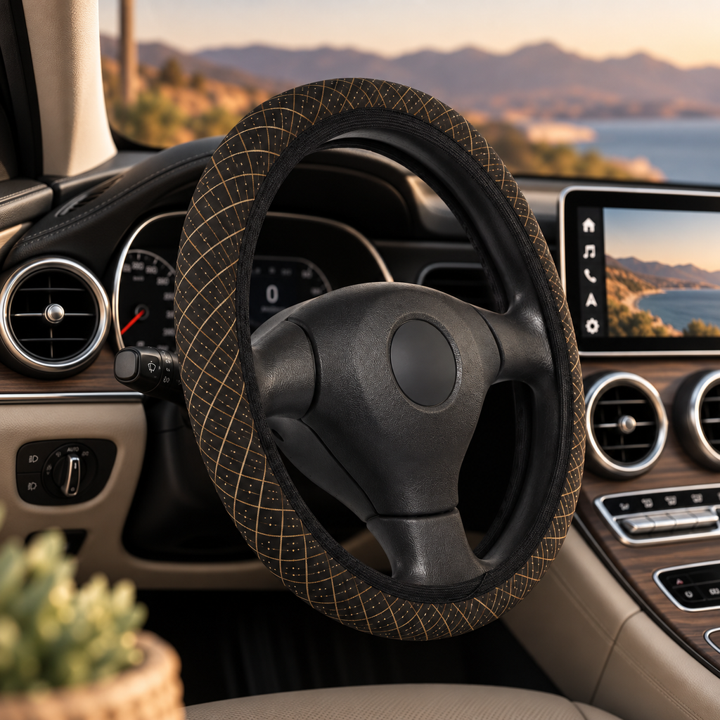 Black gold plaid steering wheel cover shown in a car interior