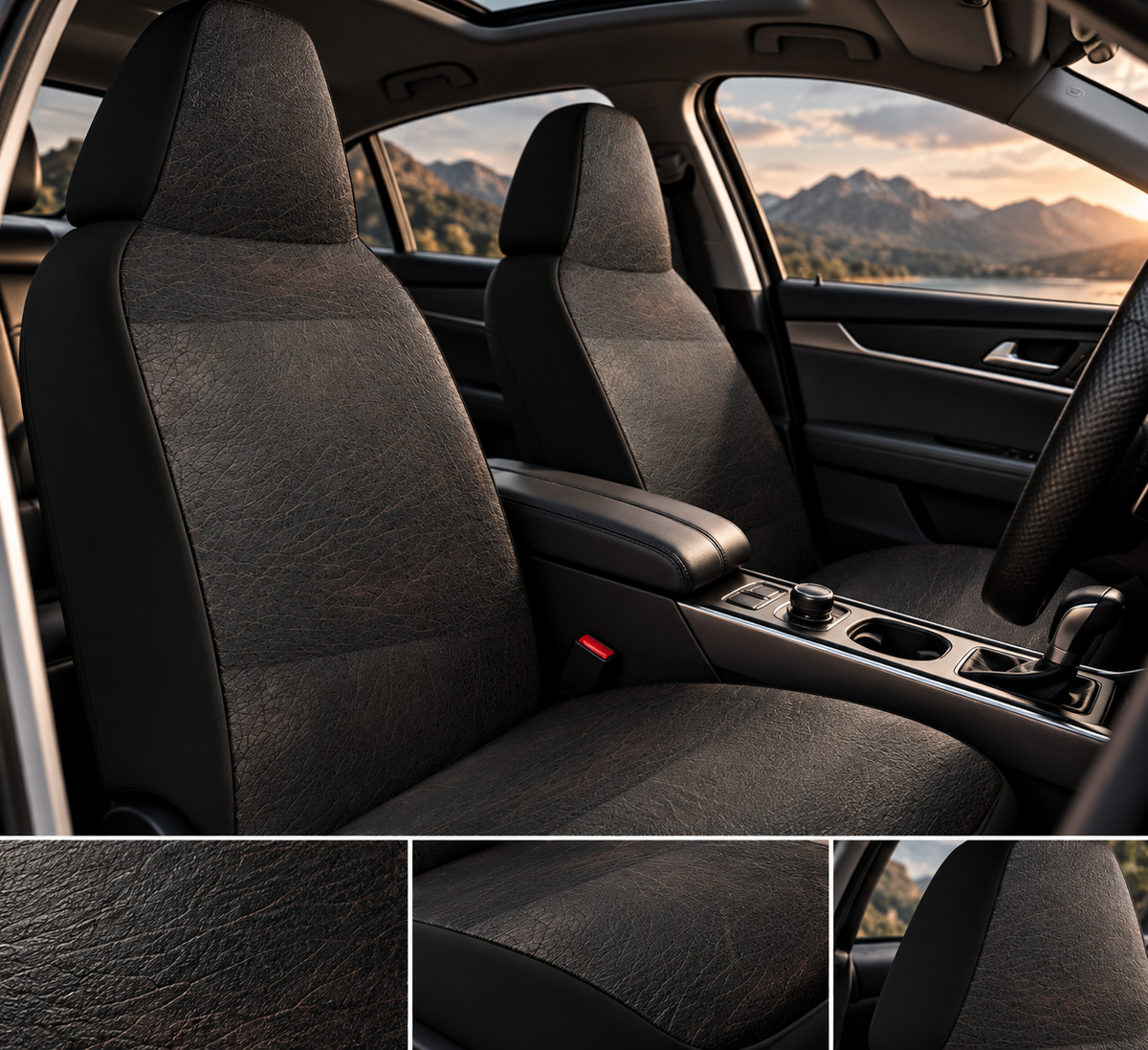 Black leather look car seat covers shown in a car interior
