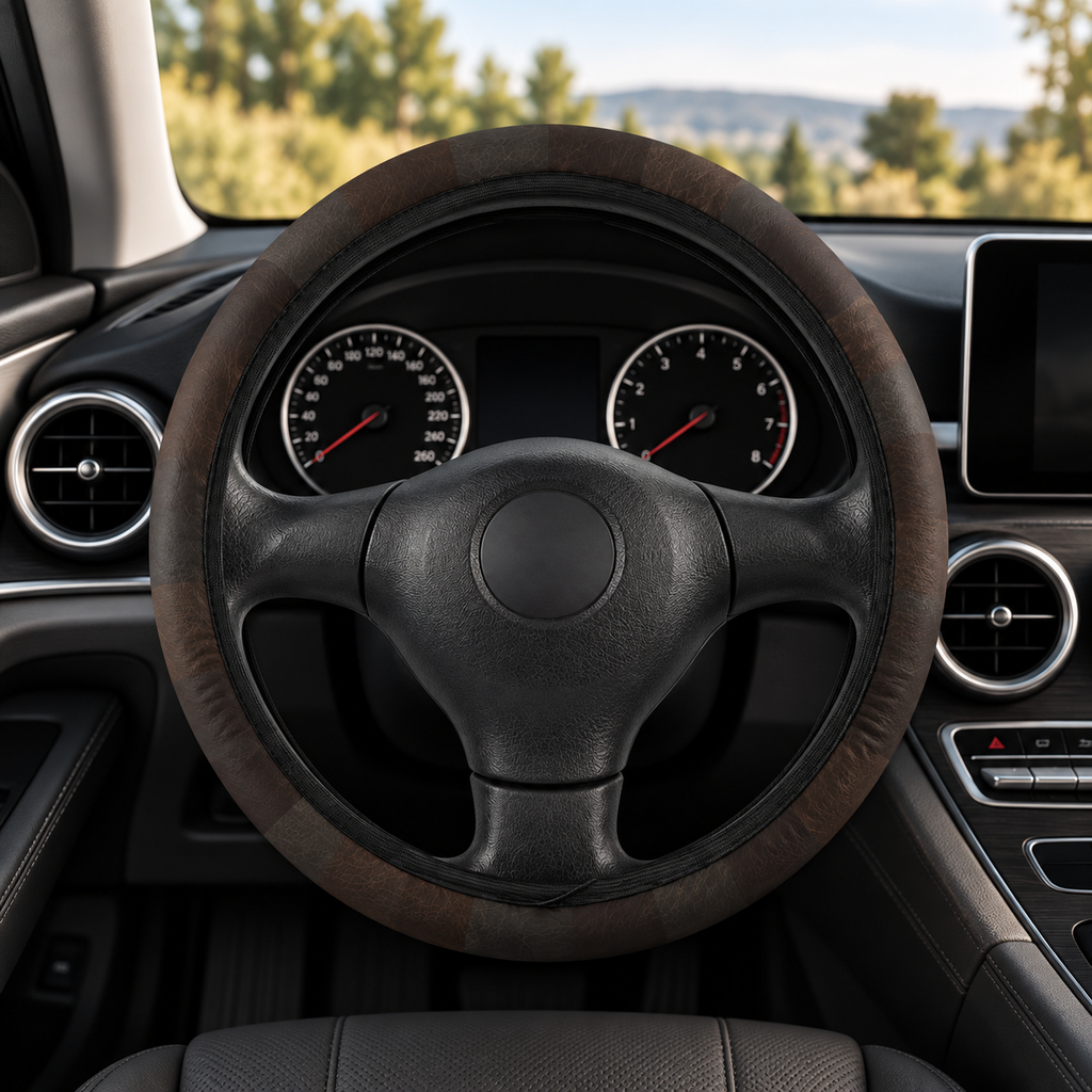Black leather look steering wheel cover shown in a car interior