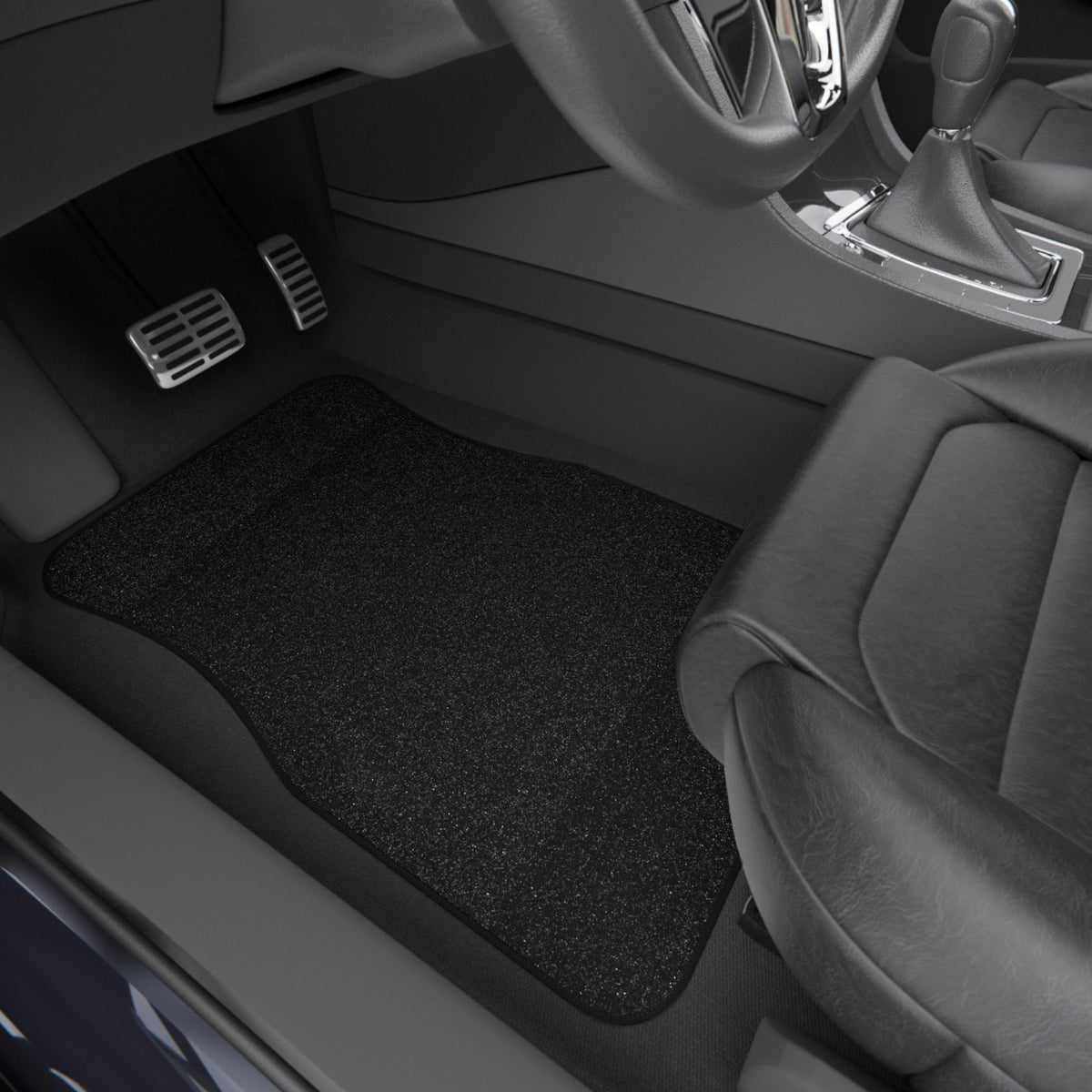 Black rainbow glitter car mats shown in a car interior