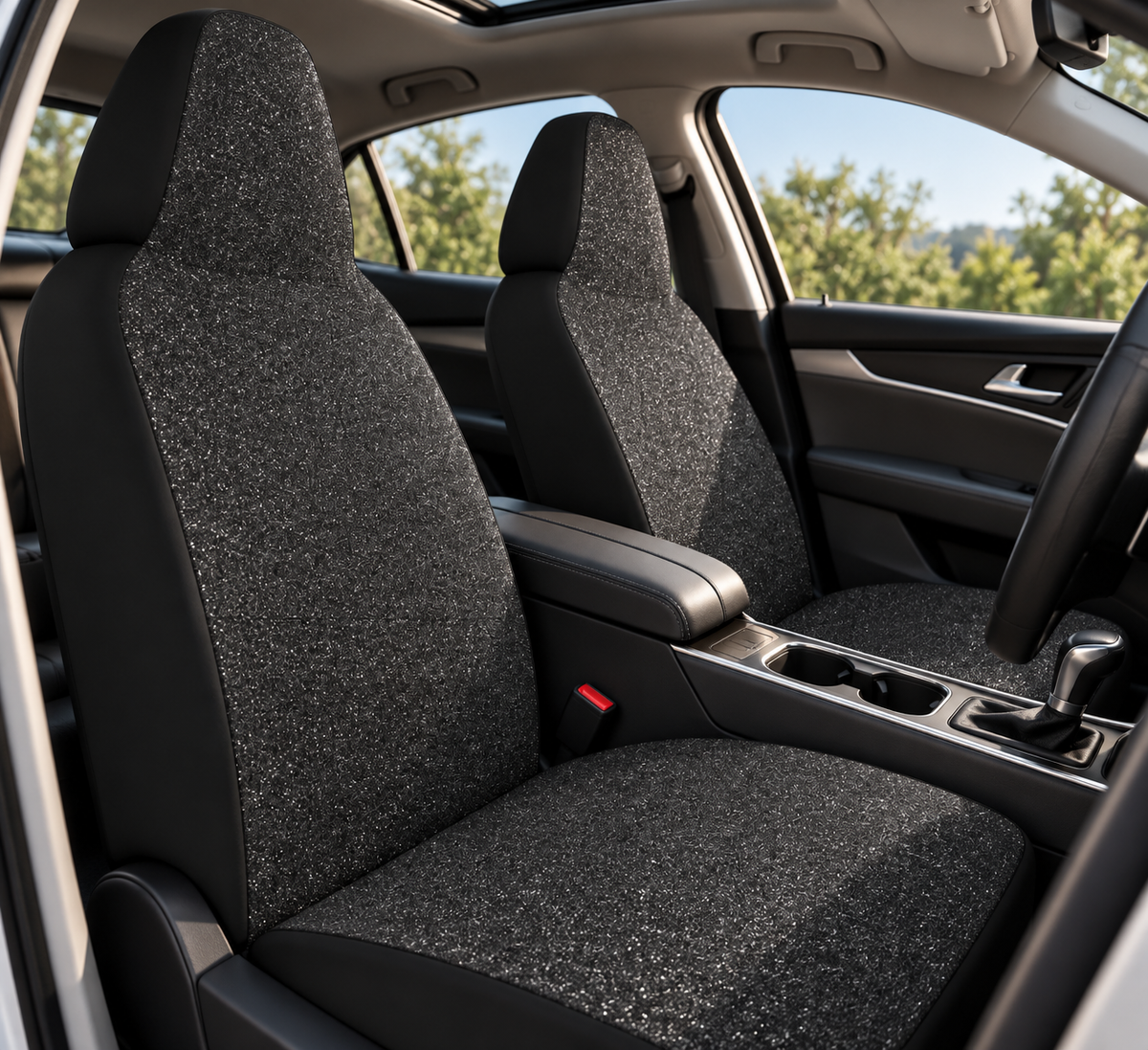 Black rainbow glitter car seat covers shown in a car interior